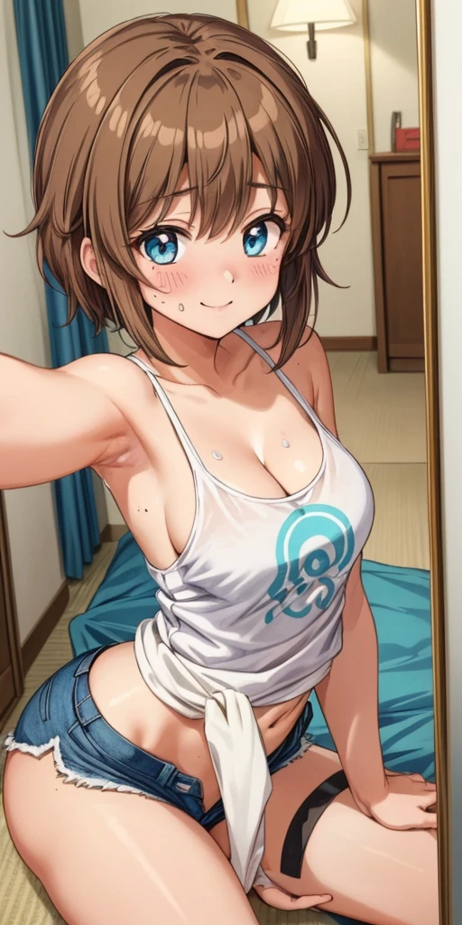 beautiful, (masterpiece:1.2), (best quality:1.2), perfect eyes, perfect face, perfect lighting, 1girl, ass, deep cleavage, breasts, short brown hair, white spaghetti strap, cutoffs, running shorts, small breasts, micro shorts, panties, very short shorts, shorts, beautiful background, solo, white tank top, thighs, thong, hotel room, huge ass, wide hips, sweating, blushing, soft smile, front view, fan service, fanservice, cute anime face, laying on back, exhausted, tired, skindentation, mirror selfie, flexing arm, smiling