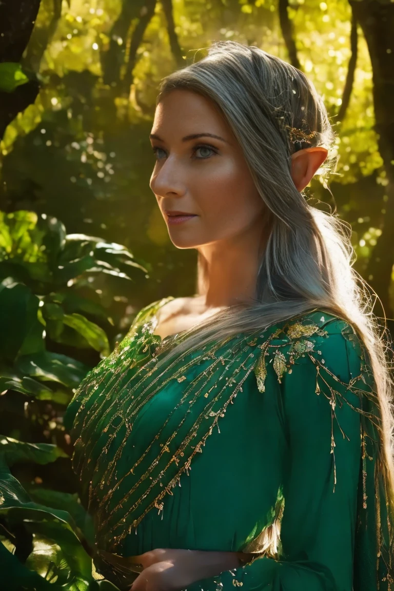 ((Close-up face portrait)). Galadriel, a radiant elven queen, standing gracefully in a magical elven forest bathed in soft, ethereal light. She is wearing a flowing green dress adorned with intricate golden embroidery, reminiscent of delicate vines and leaves, perfectly complementing the lush surroundings. Her long, silvery hair cascades over her shoulders, glowing softly in the dappled sunlight filtering through ancient, towering trees. The forest is alive with magical energy, featuring bioluminescent flowers, sparkling streams, and faint, glowing particles floating in the air. Her expression is serene and wise, her piercing eyes reflecting the timeless beauty and wisdom of the elves. The scene is infused with an otherworldly atmosphere, with fine details in the textures of her dress, the bark of the trees, and the vibrant flora. Photorealistic rendering, ultra-high-definition, with dramatic, yet soft lighting highlighting her elegance and the magical ambiance of the forest.