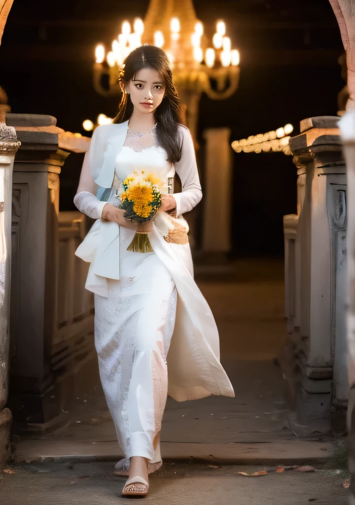 Beautiful 25 year old  woman。She is wearing a summer Myanmar wedding dress. She is walking and her legs crossed and one leg is visible. She is shying and smiling on illuminated by the evening church lights . her black hair. High resolution、masterpiece、highest quality、頭w:1.0、((Hasselblad Photos))、fine skin、(movie lighting)、clavicle . full body picture.