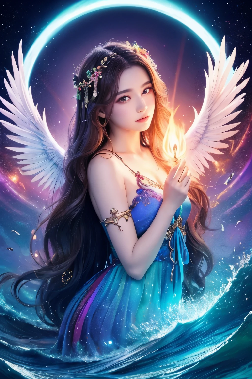（tmasterpiece）， （best qualtiy：1.4）， absurderes， [：intricately details：0.2]， Silhouette of a giant angel，  galactic，starrysky，Huge nebula， Strong focus，extreme light， Mysterious symbol， sparkling motes，dramatics, sky is a battlefield.