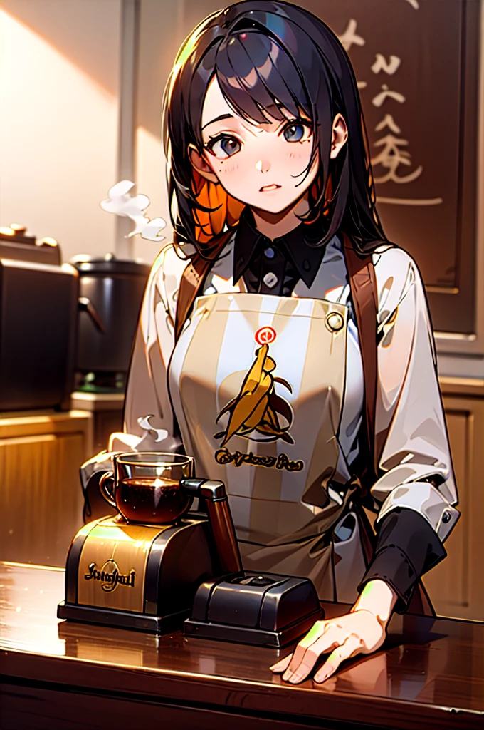 (  Masterpiece ),  best quality,  Working in a coffee shop***, she she is  make coffee  in a machine,  make coffee ,  perfect face,  's expressive eyes ,  brown apron,  coffee shop interior ,  long hair,((Bangs)),black hair,cute girl,  pers with decor, (  knight ), Realistic, 4K,  complicated,   Details, Flowers in a vase,  pers with decor lights,  perfect lighting, Trace Light, Warm colors, Chairs and tables, Daily life, 【Contemporary,  elegant , ( Relaxed Atmosphere {x} Relaxed Atmosphere), Peaceful, Aromatic, happy , happy ness, Slanted Eyes,Tsundere,  white shirt,  bartender ,  soft,  straight hair,Rin々Shii,delicate, clear,   knight , Contrast,  bright color, Bokeh, ( perfect coffee machine ),  espresso , ( soft), Shine, Shineing eyes

BREAK she is  make coffee ,  there is a table with cups placed on the left,  there is a coffee machine on the table ,  steam coming out of the cup , おいShiiコーヒー
, Seamis ,, 