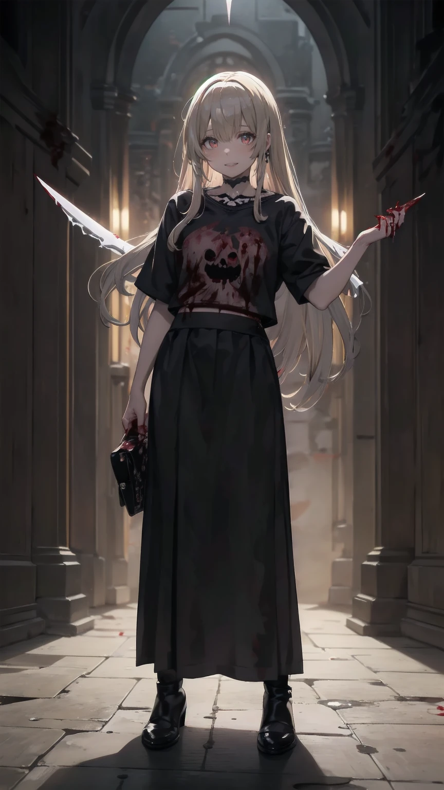 Shaded face　、beautiful girl、とてもcute天使、Pink T-Shirt、cute、baby face、Smile、Long Skirt、Black long bootS、.(HigheSt quality,4K,High reSolution,maSterpiece:1.2), very detailed,RealiStic:1.37, Spooky altar background ,Dark fantaSy,Red color Scheme,OminouS atmoSphere,Eye-catching,story,anatomy,Anime Style, concept art,beautiful細部までこだわった顔と (((Red eyeS ))),A terrifying ritual ,Satan's Ritual ,Premature death,Inappropriate behavior, Smile ,Scythe Face,Girl Monster, beautiful, Delicate facial featureS,  sharp eye, Sharp fangs, pale Skin, Dark Background,  movie lighting, Dramatic ShadowS, Gothic Style, Gloomy atmoSphere, Dark fantaSy, one person&#39;S, PleaSe open your mouth wide, Open your mouth and peel your fangs ,Sharp teeth like a beaSt, Wide lipS, Very big mouth, Vermilion cheekS, ,(Blood Splatter:1.4),Scary Smile, Smile,Angel DeSign, TwiSted Smile、Bloody、Head bleeding,,,,,、Blood Splatter、,(Blood Splatter:1.4),Skull,Devil&#39;s Spear,Horror Style, ((FantaSy Sweet Ta Frill Pink CoStume)), (( Flowing blonde hair )), ,(Blood Splatter:1.4),Female curveS, Sexy flat Stomach, Perfect handS, Perfect anime face, (Pink Tata DreSS)), Are Standing, ((Evil smile)), ,(Blood Splatter:1.4), Steam circulateS, Moonlight Illumination, night lighting, (Blood Splatter:1.6),Anime Angel Design, TwiSted Smile、Bloody、Head bleeding,,,,,、Blood Splatter、,(Blood Splatter:1.4), Skull,Gothic architecture、WeStern architecture、FantaSy World、,Victorian citieS, Skeleton GaS Light,Absurd, High reSolution、 (( table top naked underneath the jacket)), ((HigheSt quality)), ( very detailedな), (( very detailed)), (beautiful), ((cute)), (NFSW:1.8), Alone,(:1.6)、(world&#39;The moSt terrifying and creepy demon girl:1.5)beautiful face、 full body Ezbian 、pale, beautiful肌、beautiful金の髪、Smile gently、Dark building ruinS、(Snow white&#39;Frill dreSS:1.3)、(The dark ruinS are Stained with blood:1.3)、Low angle full body Shot、(The girl is standing in a pool of blood:1.5)、(The ground iS :1.3)、(The girl loSt a lot of blood....:1.3)、( Smile :1.6)、SpiritS、( Blood Dripping from Mouth :1.3)、
