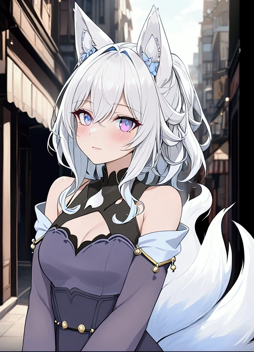 Alone, 1 girl, Long hair, High resolution, blush, smile, blue eyes, fringe, simple background, hair ornament, hair between eyes, violet eyes, earrings, wolf ears, White hair, Hair in front of the ears, wavy hair, straight hair, big breasts, Modo kemonomimi, ashamed, Tsundere, shy, endurance face, X-shaped pupils, from behind, character design, Digital art,