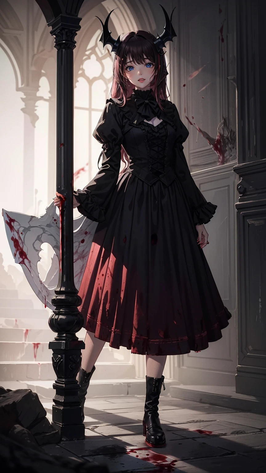 Shaded face　、beautiful girl、とてもcute天使、Pink T-Shirt、cute、baby face、Smile、Long Skirt、Black long bootS、.(HigheSt quality,4K,High reSolution,maSterpiece:1.2), very detailed,RealiStic:1.37, Spooky altar background ,Dark fantaSy,Red color Scheme,OminouS atmoSphere,Eye-catching,story,anatomy,Anime Style, concept art,beautiful細部までこだわった顔と (((Red eyeS ))),A terrifying ritual ,Satan's Ritual ,Premature death,Inappropriate behavior, Smile ,Scythe Face,Girl Monster, beautiful, Delicate facial featureS,  sharp eye, Sharp fangs, pale Skin, Dark Background,  movie lighting, Dramatic ShadowS, Gothic Style, Gloomy atmoSphere, Dark fantaSy, one person&#39;S, PleaSe open your mouth wide, Open your mouth and peel your fangs ,Sharp teeth like a beaSt, Wide lipS, Very big mouth, Vermilion cheekS, ,(Blood Splatter:1.4),Scary Smile, Smile,Angel DeSign, TwiSted Smile、Bloody、Head bleeding,,,,,、Blood Splatter、,(Blood Splatter:1.4),Skull,Devil&#39;s Spear,Horror Style, ((FantaSy Sweet Ta Frill Pink CoStume)), (( Flowing blonde hair )), ,(Blood Splatter:1.4),Female curveS, Sexy flat Stomach, Perfect handS, Perfect anime face, (Pink Tata DreSS)), Are Standing, ((Evil smile)), ,(Blood Splatter:1.4), Steam circulateS, Moonlight Illumination, night lighting, (Blood Splatter:1.6),Anime Angel Design, TwiSted Smile、Bloody、Head bleeding,,,,,、Blood Splatter、,(Blood Splatter:1.4), Skull,Gothic architecture、WeStern architecture、FantaSy World、,Victorian citieS, Skeleton GaS Light,Absurd, High reSolution、 (( table top naked underneath the jacket)), ((HigheSt quality)), ( very detailedな), (( very detailed)), (beautiful), ((cute)), (NFSW:1.8), Alone,(:1.6)、(world&#39;The moSt terrifying and creepy demon girl:1.5)beautiful face、 full body Ezbian 、pale, beautiful肌、beautiful金の髪、Smile gently、Dark building ruinS、(Snow white&#39;Frill dreSS:1.3)、(The dark ruinS are Stained with blood:1.3)、Low angle full body Shot、(The girl is standing in a pool of blood:1.5)、(The ground iS :1.3)、(The girl loSt a lot of blood....:1.3)、( Smile :1.6)、SpiritS、( Blood Dripping from Mouth :1.3)、
