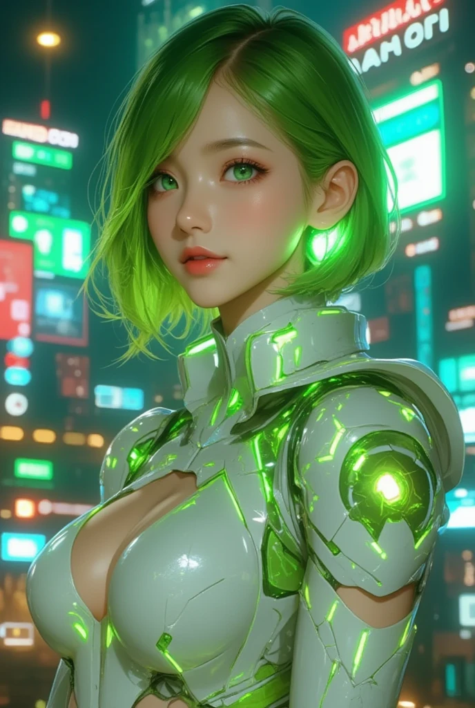 Generate an image of a futuristic virtual idol infused with DAIKON elements, fitting the sci-fi pop idol genre. (She sports a sleek, bob-cut green hairstyle with vibrant highlights, exemplifying modernity and innovation, like radish tops slightly windswept by a gust of futuristic breeze.) Her skin has a subtle, luminescent glow, like polished ivory. (Her outfit is an ultra-modern, form-fitting bodysuit with luminous neon accents and stylized geometric patterns resembling a daikon's texture.) Various accessories, such as cybernetic armlets and glowing earpieces, add to her high-tech appearance. (Her expression is one of confident allure, her natural smile rendered with a touch of mystery and sophistication, inviting the audience into her enigmatic world.) (Her eyes are a deep jade, mirroring the hues of her luminous accessories.) The background features a sleek, digital environment filled with dynamic holographic displays and vibrant city skylines, underscoring her identity as a cutting-edge pop sensation.