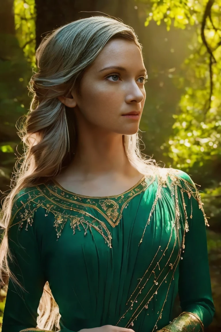 ((Close-up face portrait)). Galadriel, a radiant elven queen, standing gracefully in a magical elven forest bathed in soft, ethereal light. She is wearing a flowing green dress adorned with intricate golden embroidery, reminiscent of delicate vines and leaves, perfectly complementing the lush surroundings. Her long, silvery hair cascades over her shoulders, glowing softly in the dappled sunlight filtering through ancient, towering trees. The forest is alive with magical energy, featuring bioluminescent flowers, sparkling streams, and faint, glowing particles floating in the air. Her expression is serene and wise, her piercing eyes reflecting the timeless beauty and wisdom of the elves. The scene is infused with an otherworldly atmosphere, with fine details in the textures of her dress, the bark of the trees, and the vibrant flora. Photorealistic rendering, ultra-high-definition, with dramatic, yet soft lighting highlighting her elegance and the magical ambiance of the forest.