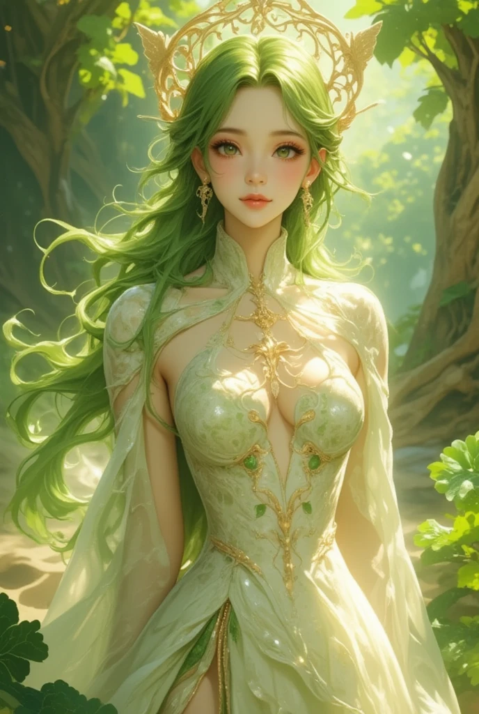 Create an image of a DAIKON-inspired virtual idol depicted as a mythological goddess, conveying both power and beauty. (She boasts long, flowing green hair adorned with golden ornaments, cascading like a waterfall of natural splendor, connecting her to both the earth and the divine.) Her complexion is a radiant alabaster, with a subtle sheen that highlights her divine nature. (Her attire is a regal gown with elegant drapery, featuring ornate designs and textures inspired by the intricate patterns found in nature, specifically the veins of a daikon leaf.) The gown flows around her in soft waves, enhancing her majestic presence. (Her expression is one of serene benevolence, her natural smile conveying warmth and welcoming energy.) She stands in a mythical garden surrounded by ancient trees and ethereal light, providing an atmosphere of tranquility and harmony, reflecting her role as a protector and nurturer of life.