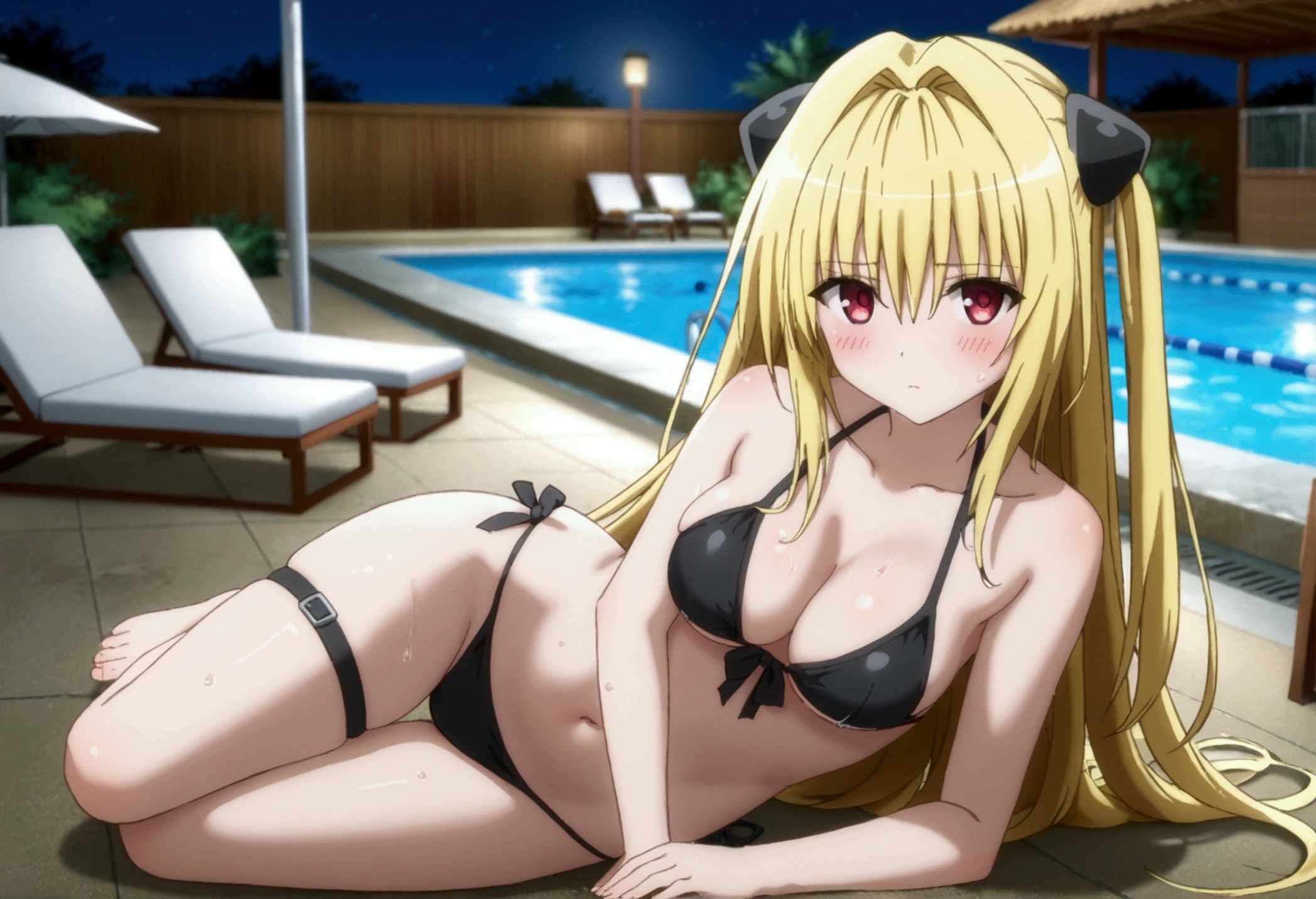 Konjiki no Yami, very long hair,blonde hair,two side up,hair ornament,hair intakes,hair between eyes,bangs,red eyes, thigh strap, Bikini Swimwear, sexy pose, blush, shy, Pose seductively, Posing provocatively, Wet body, pool, night, looking at viewer, Body tingling, stand, full body