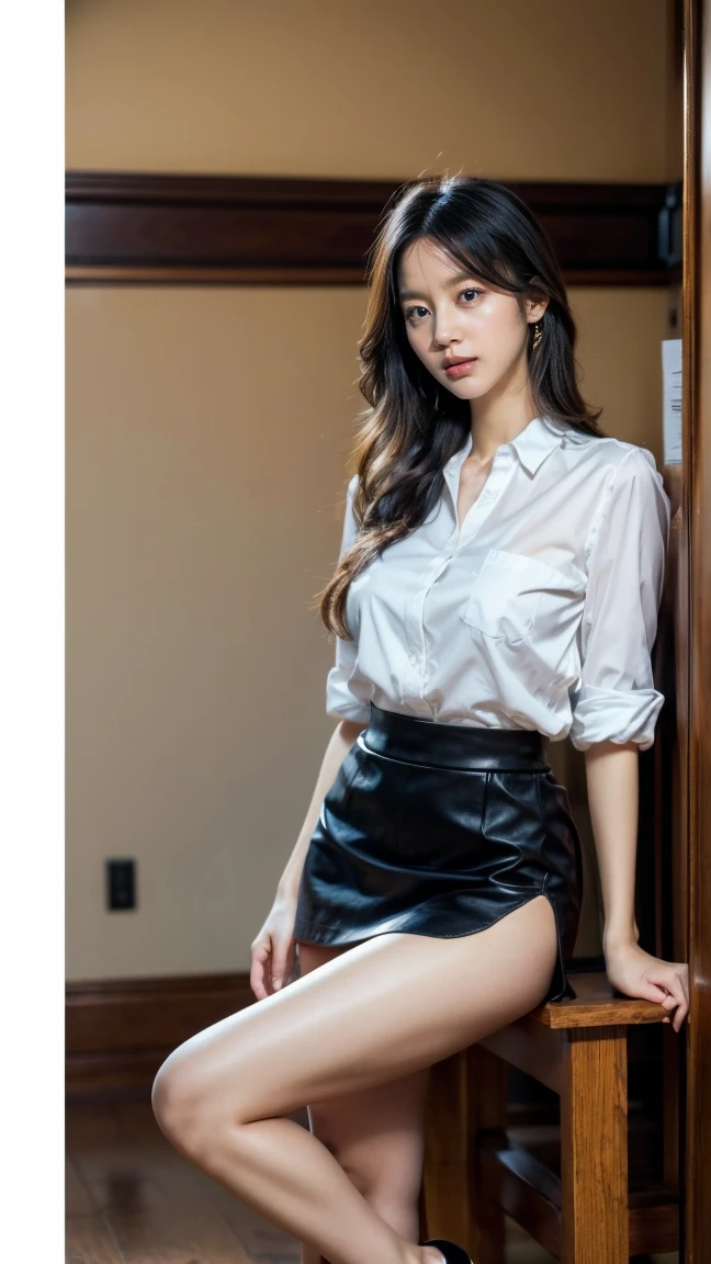 ( Masterpiece :1.3), ( 8k, Real , RAW photography , Best Quality : 1.4 ), ( Girl), Shiny skin , Shiny hair , Beautiful face , ( Realistic face , Detailed face , ( Brunette , Long hair :1.1), wavy_long_red_hair , Realistic eyes , Beautiful ( Detailed eyes :1.2), ( Realistic skin ), Beautiful skin , Attractive , Ultra high resolution , Ultra realistic , Very detailed , ( Golden ratio :1. 1) ,( transparent pencil mini skirt: 1.05), white shirt, red stocking, leather high heels, heavy rain, (cloudy light: 2.8), (wet shirt: 1.15), cut double, M lip, sitting, bedroom