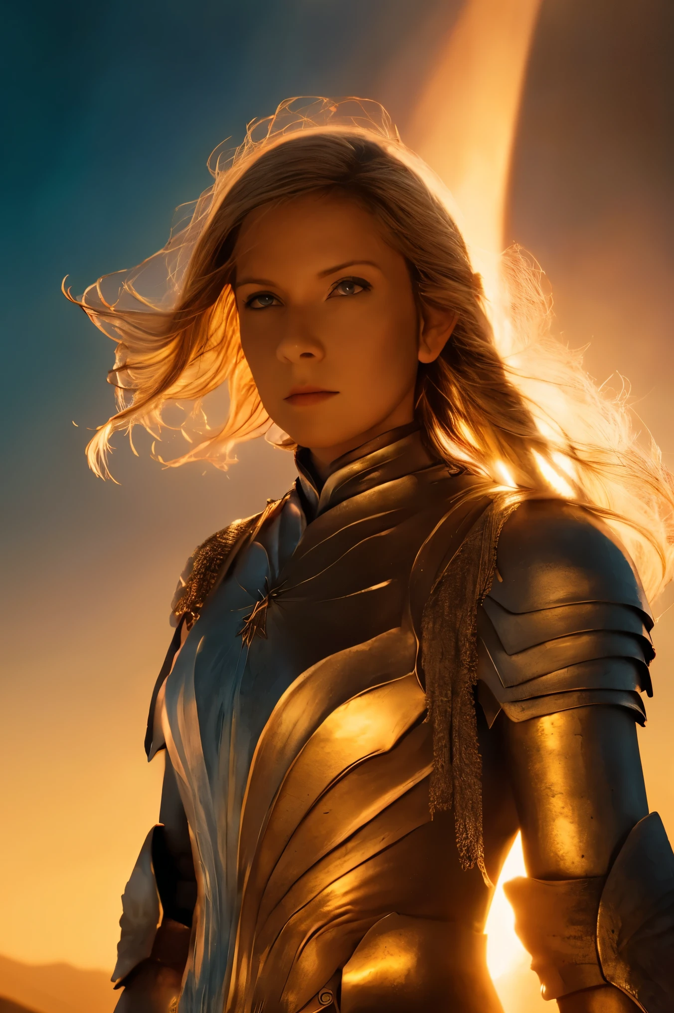 Galadriel, inspired by the series "The Rings of Power", (((L4L4 face))),  in a majestic pose at the center of the scene ,  wearing shimmering armor and elven details,  with its blond hair flowing under a golden light .  The background shows an epic landscape of golden Middle Earth ,  with distant mountains ,  dramatic sky and beams of heavenly light .  Determined expression and intense gaze ,  capturing your strength and wisdom .  Hyper-realistic details on the face and hands ,  metal texture of the highly detailed armor ,  skin illuminated with perfection ,  cinematic atmosphere , epic and glorious . natural light, 35mm photograph, film, professional, 4K, highly detailed, Golden hour lighting. Depth of field F2. Rule of Thirds Composition.
