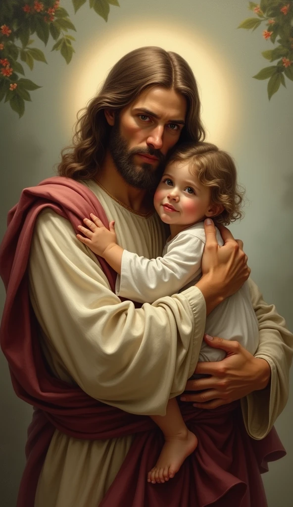 [uma pintura realista de Jesus, com rosto perfeito e detalhado, Holding a child, com rosto perfeito e detalhado, Amid a sunny cloud sky]