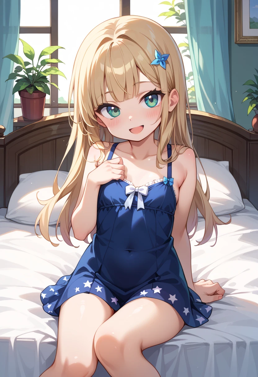 (( best quality)), ((masterpiece)), (be familiar with),  perfect face, indoor, bedroom,  viewer,
One woman,  Gamemun Neko ,
 characters with open mouth ,  ecstatic expression with hands in front of body, blush, smile,
Small breasts,  flat chested, Young girl, Lori,  ,  girl,
 long hair,  Long Hair,
Leg spread,