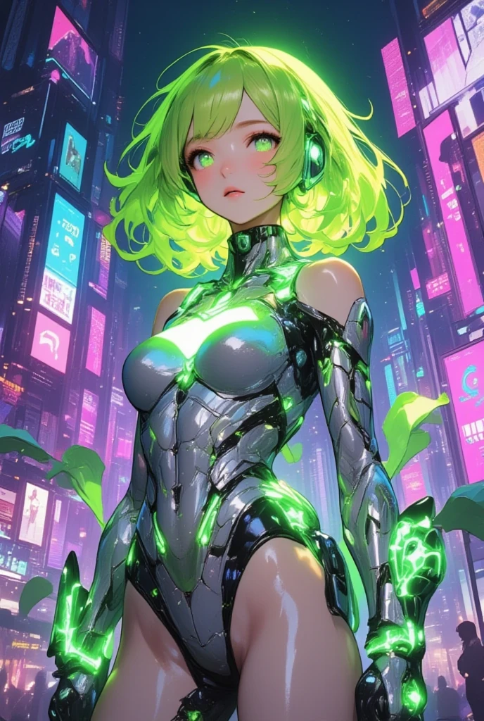 Envision a futuristic virtual idol inspired by a daikon, set against a vibrant, neon-lit cityscape. (This character's striking feature is her neon-green hair, styled in a sleek, futuristic bob with accents that glow under the ultraviolet light, echoing the fresh greens of a daikon's top. Her attire is a high-tech ensemble, combining a glossy silver bodysuit with circuit-like patterns that flicker in pulses of green, representing the flow of energy and information. Her suit features transparent sections that showcase glowing lines like the inside of a radish. Her eyes are a vivid digital green, with pulsating pupils, reflecting the city lights and conveying a sense of mystery and intelligence. Her makeup is bold, with metallic eyeliner and luminescent lipstick, giving her a captivating, other-worldly allure. Accessories include high-tech ear cuffs resembling daikon sprouts and a utility belt holding holographic tools. Pictured in a dynamic pose, she appears ready to perform on a holographic stage surrounded by towering skyscrapers. The background features a futuristic skyline with floating billboards advertising her virtual concerts. Purple and blue neon lights bathe the scene, creating an electric atmosphere full of energy and futuristic charm, capturing the essence of innovation and the limitless possibilities of technology, akin to the adaptive nature of a daikon thriving in diverse environments.)