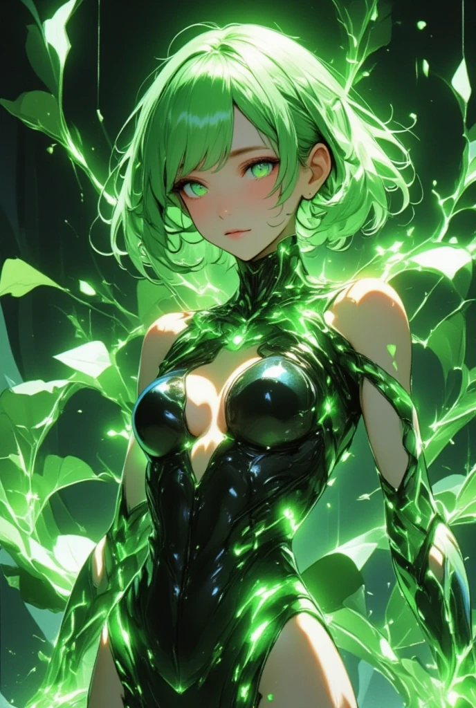 (Envision a daikon-inspired pop sensation, a virtual idol for the modern era. Her vibrant green hair is cropped into a chic bob, accentuating her sharp cheekbones and striking emerald eyes. She dazzles in a high-tech outfit, a sleek one-piece suit with LED lights tracing the curves of her perfect figure. Her style is cutting-edge, a fusion of neon aesthetics and organic motifs, with vine-like patterns adorning her suit. On stage, she mesmerizes the audience with electrifying dance moves and a powerful vocal range. Her charm lies in her ability to seamlessly blend nature's simplicity with the complexities of digital music, striking a perfect balance between the organic and the mechanical.)