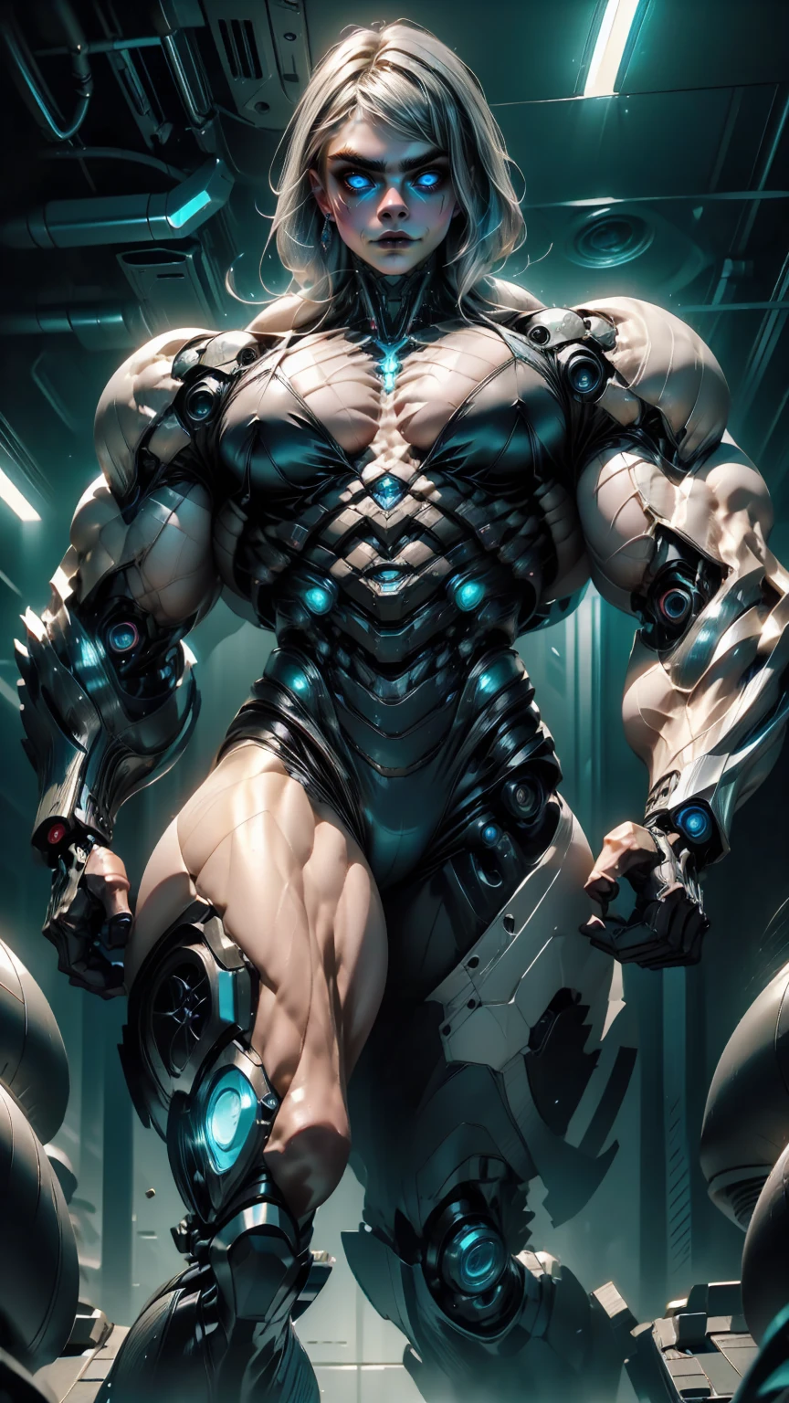 (1 girl), (Cara delevingne:1.25), beautiful teenage muscular goth cyborg androgyn, (black sclera:1.25), (blue glowing eyes:1.25), (blue glowing body veins:1.25),(((muscular bodybuilder physique:1.45))), ((((extreme muscular hypertrophy:1.25)))), (flat muscular pecs:1.25), (full Cybernetic Exosuit armor:1.5), (skinny thin legs:0.75), (long blue glowing hair:1.5),(beautiful face:1.25), bimbo lips, cyberpunk city, gothic neon style, cyber punk style, Cybernetic_Siren, Portrait shot