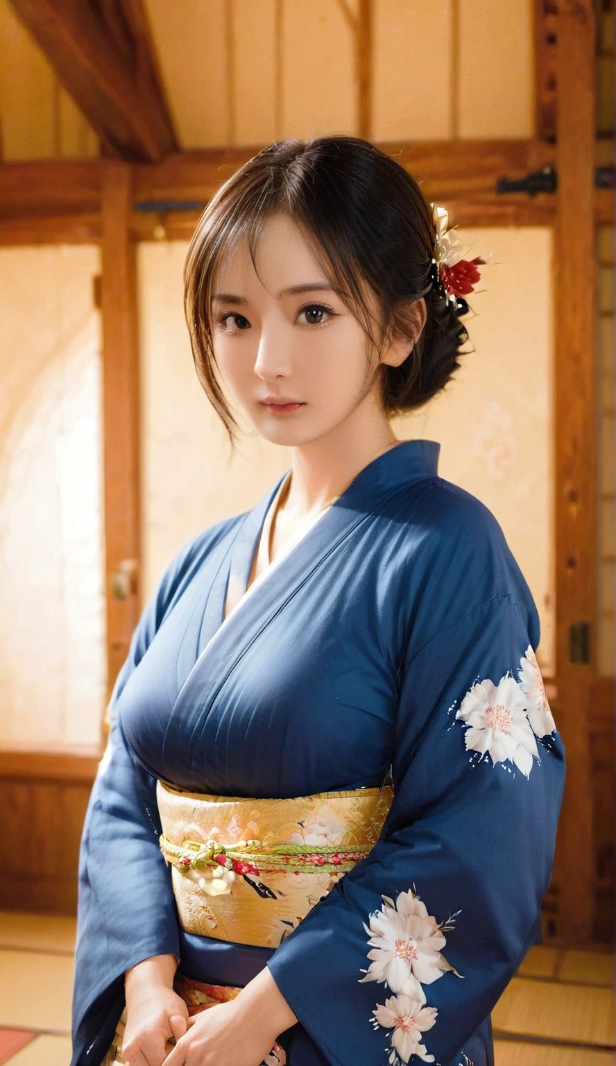 Beauty female samurai, she has long black hair, wearing kimono, armed with a katana, dojo room, detailed body shape, perfect beauty Korean face oval head, holding katana, full body, japanese background artwork, masterpiece, whole body in picture, with katana, detailed finger, cool beautiful face, detailed hand 