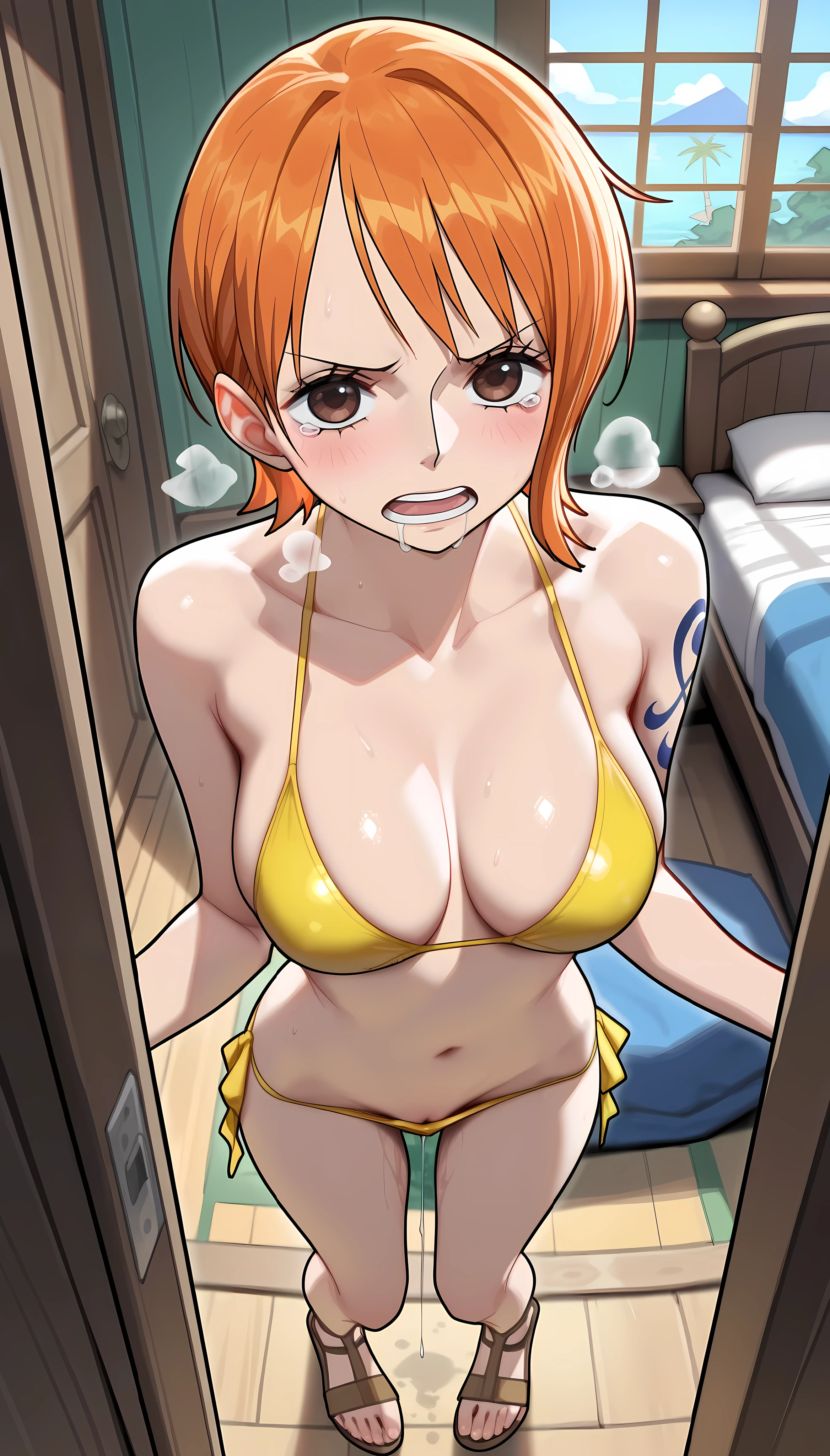 (Highest quality) Nami from One Piece　whole body　bra lift  (Nipples) Beautiful breasts　(pubic hair) Wet　(Nipples掴む)　Blushing　Lying on the bed　lure　Breasts being grabbed　1boy pov big penis insertion from the front　Facial　cow