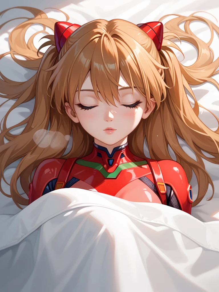 a cute anime girl ,She is Sleeping soundly on one's back in bed, tucked under a fluffy blanket that covers her up to her shoulders. Her relaxed expression and gentle breathing convey serenity, with her rosy cheeks glowing softly in the dim moonlight streaming,

score_9,score_8_up,score_7_up,source_anime,masterpiece,best quality,absurdres,highres,very aesthetic,ray_tracing,
1girl,beautiful face,
souryuu_asuka_langley,bodysuit,