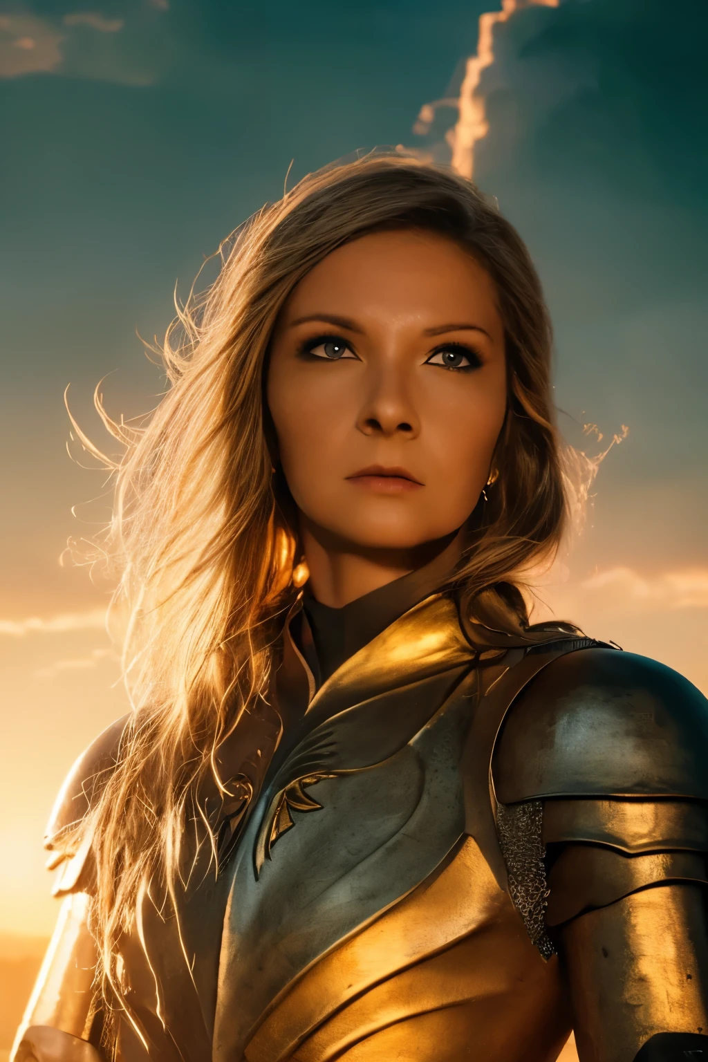 Galadriel, inspired by the series "The Rings of Power", (((L4L4 face))),  in a majestic pose at the center of the scene ,  wearing shimmering armor and elven details,  with its blond hair flowing under a golden light .  The background shows an epic landscape of golden Middle Earth ,  with distant mountains ,  dramatic sky and beams of heavenly light .  Determined expression and intense gaze ,  capturing your strength and wisdom .  Hyper-realistic details on the face and hands ,  metal texture of the highly detailed armor ,  skin illuminated with perfection ,  cinematic atmosphere , epic and glorious . natural light, 35mm photograph, film, professional, 4K, highly detailed, Golden hour lighting. Depth of field F2. Rule of Thirds Composition.
