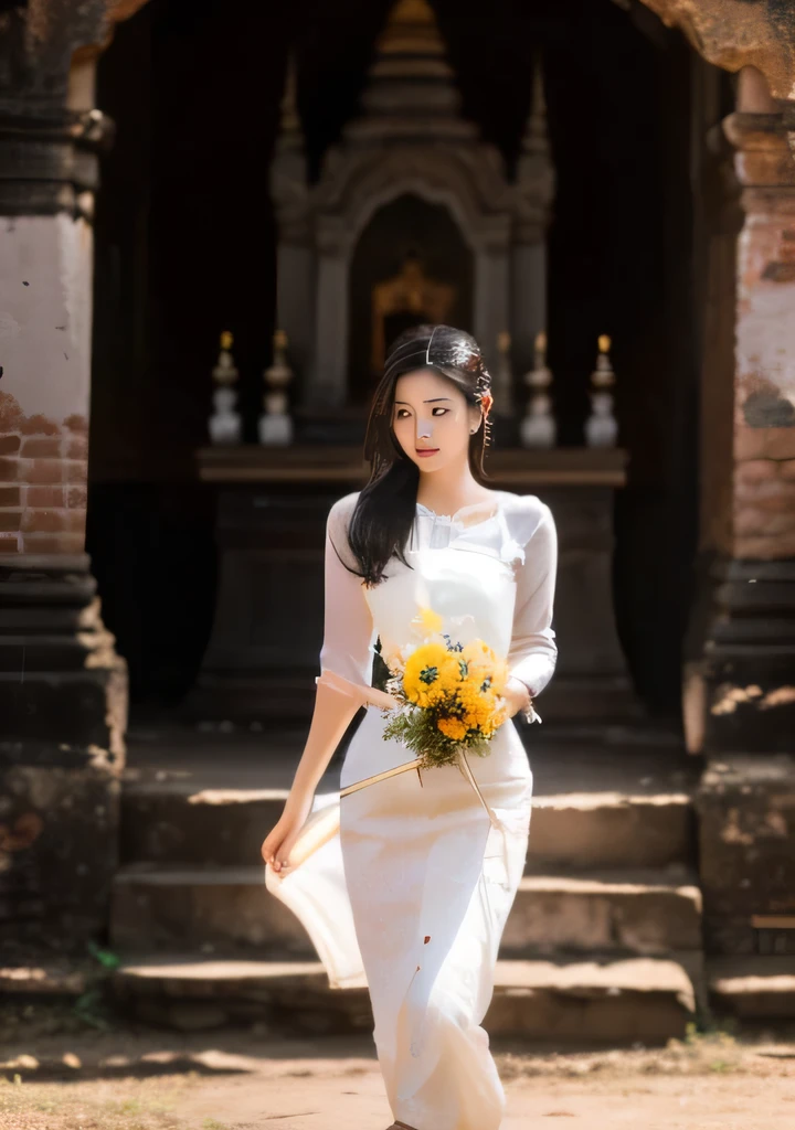 Beautiful 25 year old  woman。She is wearing a summer Myanmar wedding dress. She is walking and her legs crossed and one leg is visible. She is shying and smiling on illuminated by the evening church lights . her black hair. High resolution、masterpiece、highest quality、頭w:1.0、((Hasselblad Photos))、fine skin、(movie lighting)、clavicle . full body picture.