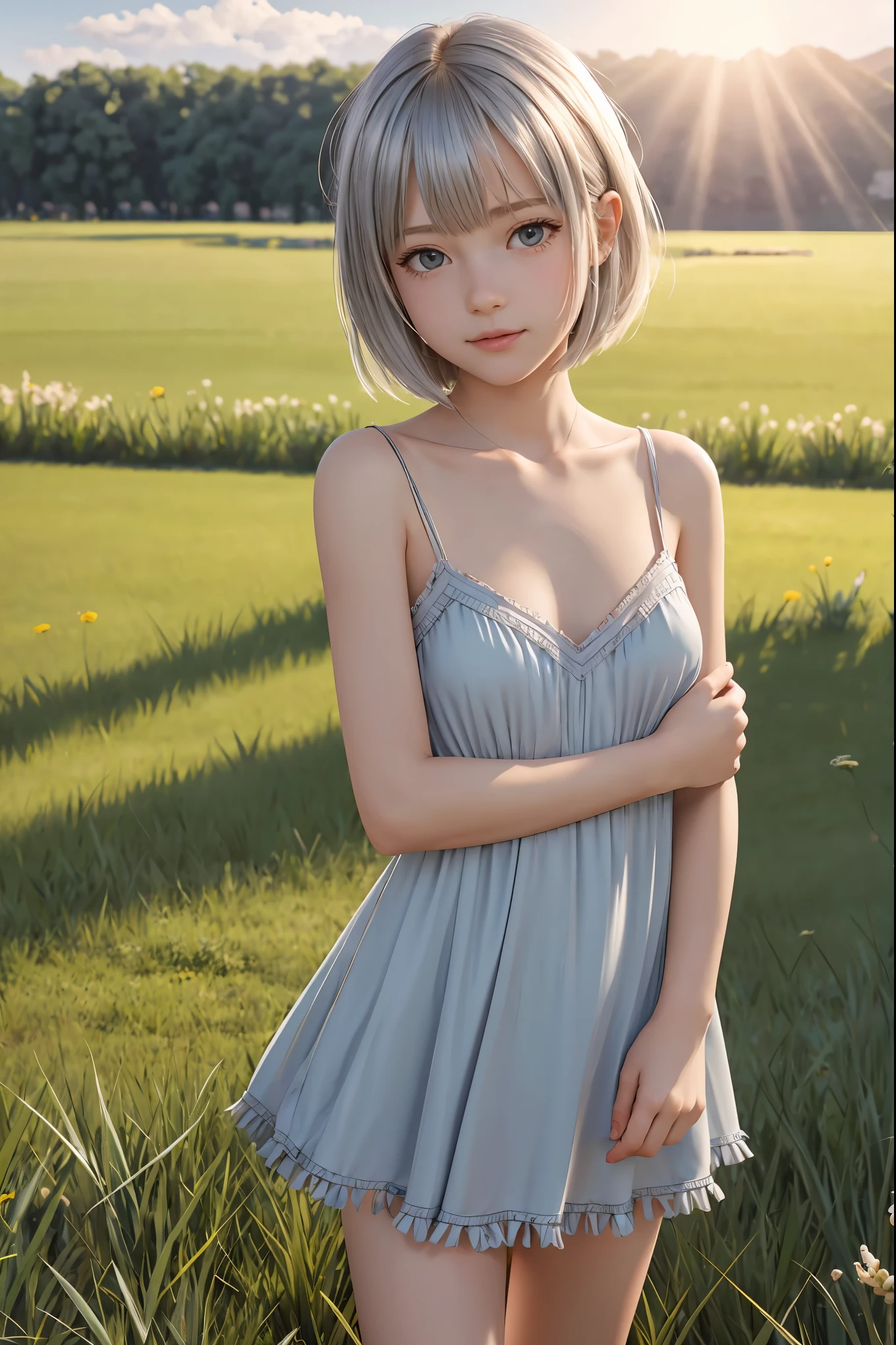 Gentle expression, (High-definition CG 8K wallpaper: 1.0), Strong sunlight, (Illustration), (Small breasts: 1.1), Blue and silver short hair, Marble hair, Frame center, (Reality: 0.8), Young, Cute, art, meadow, girl, solo, thorny dress, model pose, cleavage, cowboy shot, shy, asymmetrical hair, depth of field, blue sky, bare feet,