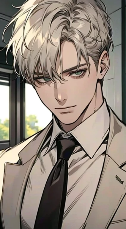 (Highest quality,4K,8K,High resolution,masterpiece:1.2),Super detailed,(Realistic,photoRealistic,photo-Realistic:1.37),1 person,35 years old,Mature Men,Beautiful skin、very handsome,Expressionless,Short gray Blond hair,green eyes,Sharp Eyes,A perfect face without a doubt,Businessman, CEO, Office Background,Cinema Lighting,HDR image,tie、