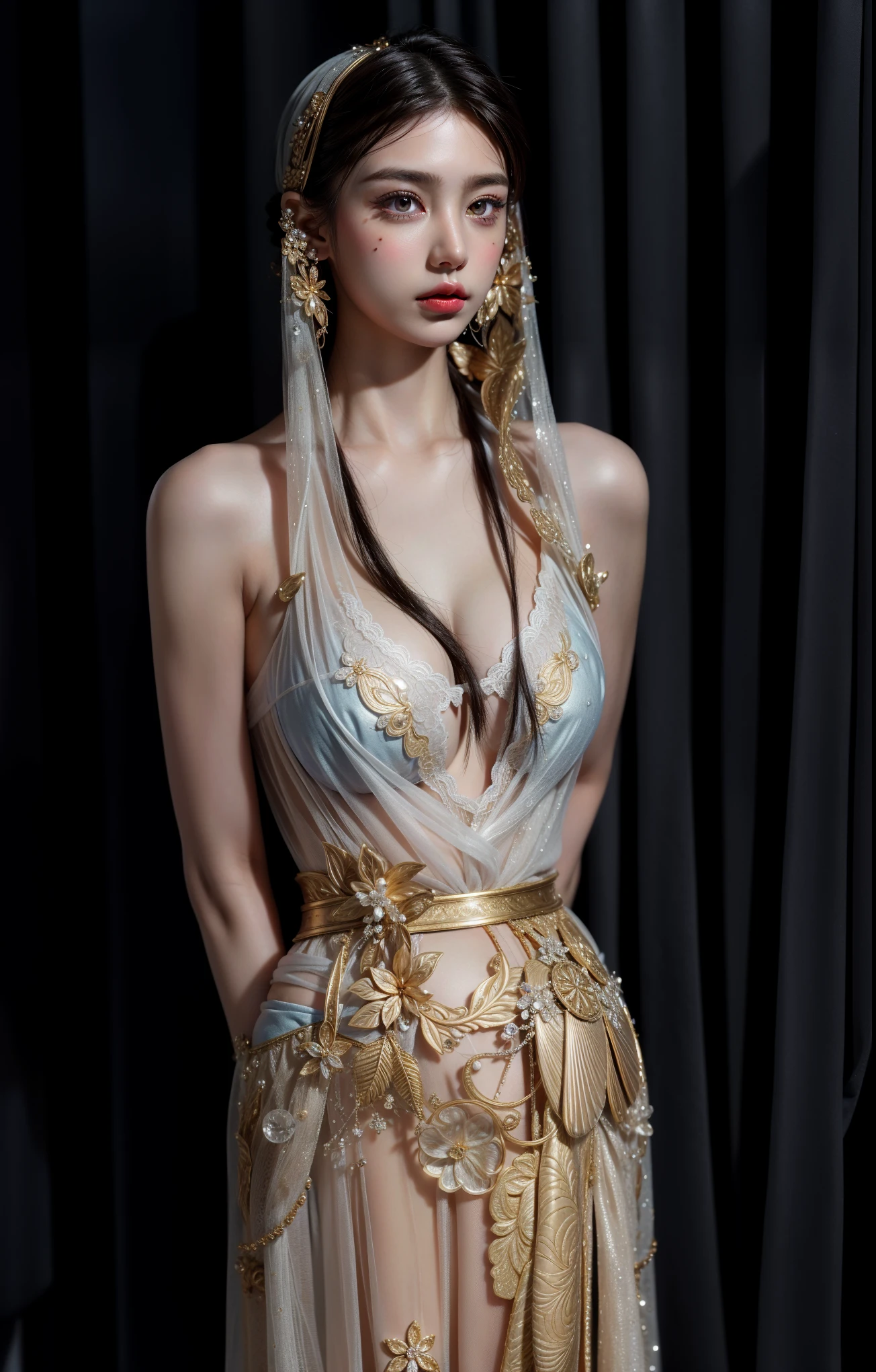 photo portrait of a beautiful woman like a nynph-sea-angel, dressed in long elegant intricate ornamental coral and shells white dress, natural skin tone, intricate fractal highly detailed coral and shells ornament in the upper side of breast, bust with a very long neck , elegant, highly detailed intricate coral and shells ornament in her blond long hair, Realistic, Refined, Highly Detailed, Cinematic pastel Lighting, fine art photography by Paolo Roversi, volumetric lighting, hyper realistic photography