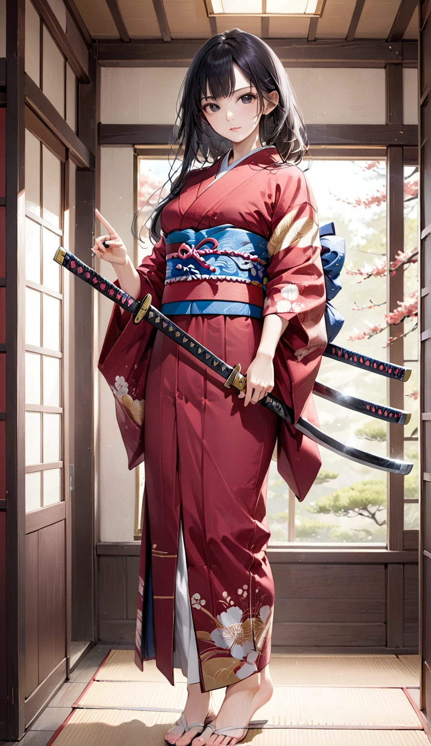 Beauty female samurai, she has long black hair, wearing kimono, armed with a katana, dojo room, detailed body shape, perfect beauty Korean face oval head, holding katana, full body, japanese background artwork, masterpiece, whole body in picture, with katana, detailed finger, cool beautiful face, detailed hand 