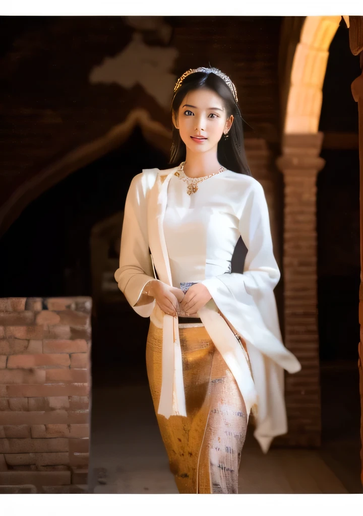 Beautiful 25 year old  woman。She is wearing a summer Myanmar wedding dress. She is walking and her legs crossed and one leg is visible. She is shying and smiling on illuminated by the evening church lights . her black hair. High resolution、masterpiece、highest quality、頭w:1.0、((Hasselblad Photos))、fine skin、(movie lighting)、clavicle . full body picture.