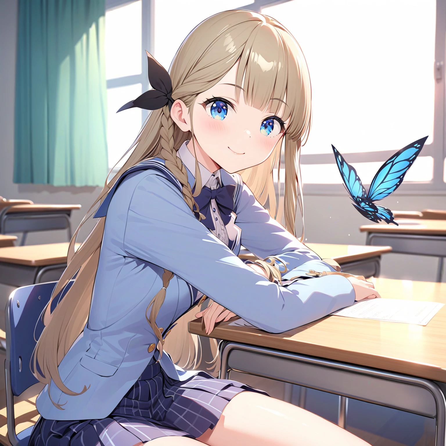 [ High Quality , 最 High Quality ],  Movie-like ,  1 girl, Alone, Narumiya Suzu ,  hair bow, Seraph,   is sitting at her desk , smile, , classroom, bloom,  high definition , 