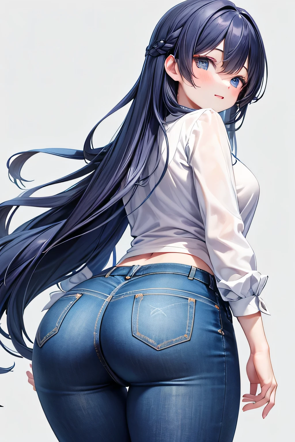 1girl ass blue_eyes blue_hair blue_pants blush cameltoe denim detached_sleeves from_behind highres hololive hololive_english jeans long_hair looking_at_viewer looking_back ouro_kronii ouro_kronii_(casual) pants sakanaya_(sakanaya952) shirt simple_background solo virtual_youtuber white_background white_shirt wide_hips