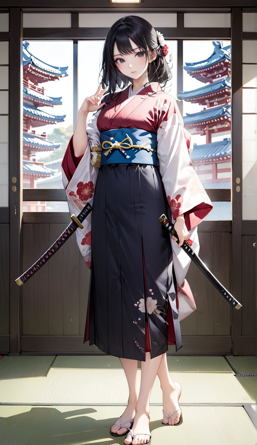 Beauty female samurai, she has long black hair, wearing kimono, armed with a katana, dojo room, detailed body shape, perfect beauty Korean face oval head, holding katana, full body, japanese background artwork, masterpiece, whole body in picture, with katana, detailed finger, cool beautiful face, detailed hand 