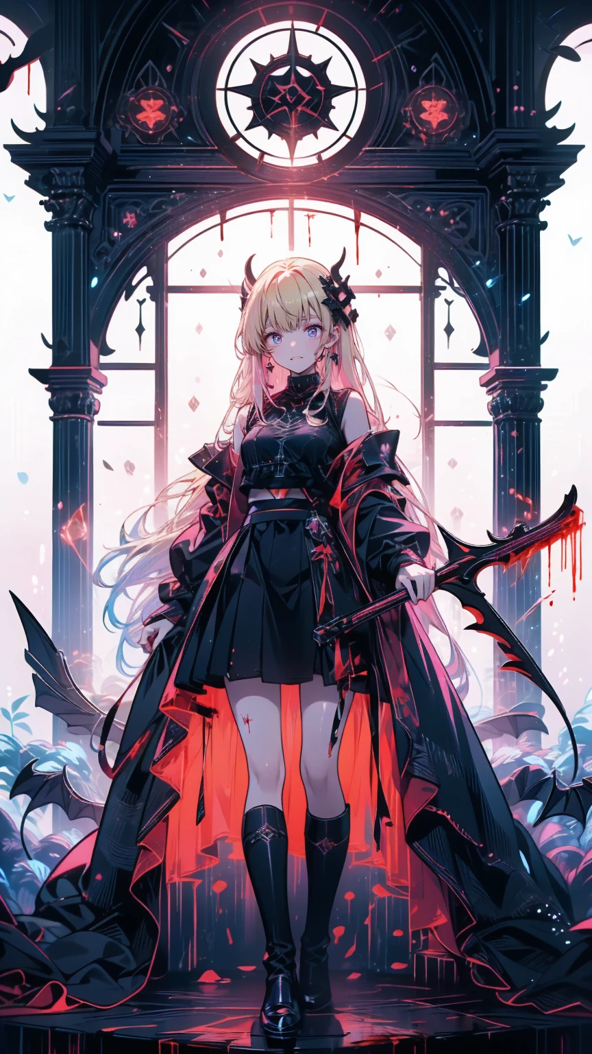 Shaded face　、beautiful girl、とてもcute天使、Pink T-Shirt、cute、baby face、Smile、Long Skirt、Black long bootS、.(HigheSt quality,4K,High reSolution,maSterpiece:1.2), very detailed,RealiStic:1.37, Spooky altar background ,Dark fantaSy,Red color Scheme,OminouS atmoSphere,Eye-catching,story,anatomy,Anime Style, concept art,beautiful細部までこだわった顔と (((Red eyeS ))),A terrifying ritual ,Satan's Ritual ,Premature death,Inappropriate behavior, Smile ,Scythe Face,Girl Monster, beautiful, Delicate facial featureS,  sharp eye, Sharp fangs, pale Skin, Dark Background,  movie lighting, Dramatic ShadowS, Gothic Style, Gloomy atmoSphere, Dark fantaSy, one person&#39;S, PleaSe open your mouth wide, Open your mouth and peel your fangs ,Sharp teeth like a beaSt, Wide lipS, Very big mouth, Vermilion cheekS, ,(Blood Splatter:1.4),Scary Smile, Smile,Angel DeSign, TwiSted Smile、Bloody、Head bleeding,,,,,、Blood Splatter、,(Blood Splatter:1.4),Skull,Devil&#39;s Spear,Horror Style, ((FantaSy Sweet Ta Frill Pink CoStume)), (( Flowing blonde hair )), ,(Blood Splatter:1.4),Female curveS, Sexy flat Stomach, Perfect handS, Perfect anime face, (Pink Tata DreSS)), Are Standing, ((Evil smile)), ,(Blood Splatter:1.4), Steam circulateS, Moonlight Illumination, night lighting, (Blood Splatter:1.6),Anime Angel Design, TwiSted Smile、Bloody、Head bleeding,,,,,、Blood Splatter、,(Blood Splatter:1.4), Skull,Gothic architecture、WeStern architecture、FantaSy World、,Victorian citieS, Skeleton GaS Light,Absurd, High reSolution、 (( table top naked underneath the jacket)), ((HigheSt quality)), ( very detailedな), (( very detailed)), (beautiful), ((cute)), (NFSW:1.8), Alone,(:1.6)、(world&#39;The moSt terrifying and creepy demon girl:1.5)beautiful face、 full body Ezbian 、pale, beautiful肌、beautiful金の髪、Smile gently、Dark building ruinS、(Snow white&#39;Frill dreSS:1.3)、(The dark ruinS are Stained with blood:1.3)、Low angle full body Shot、(The girl is standing in a pool of blood:1.5)、(The ground iS :1.3)、(The girl loSt a lot of blood....:1.3)、( Smile :1.6)、SpiritS、( Blood Dripping from Mouth :1.3)、
