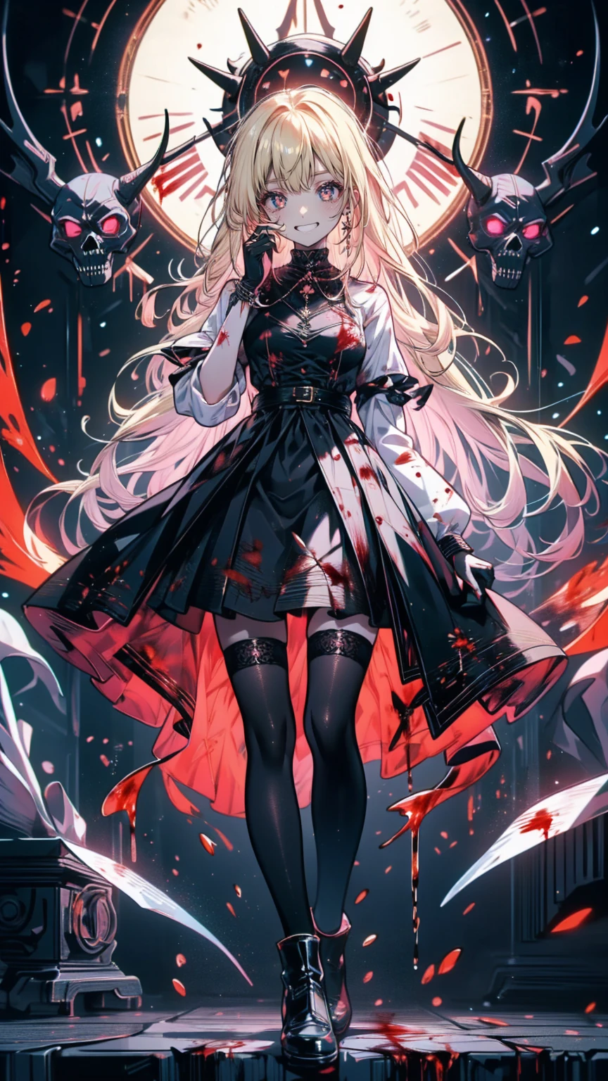 Shaded face　、beautiful girl、とてもcute天使、Pink T-Shirt、cute、、Smile、Long Skirt、Black long bootS、.(HigheSt quality,4K,High reSolution,maSterpiece:1.2), very detailed,RealiStic:1.37, Spooky altar background ,Dark fantaSy,Red color Scheme,OminouS atmoSphere,Eye-catching,story,anatomy,Anime Style, concept art,beautiful細部までこだわった顔と (((Red eyeS ))),A terrifying ritual ,Satan's Ritual ,Premature death,Inappropriate behavior, Smile ,Scythe Face,Girl Monster, beautiful, Delicate facial featureS,  sharp eye, Sharp fangs, pale Skin, Dark Background,  movie lighting, Dramatic ShadowS, Gothic Style, Gloomy atmoSphere, Dark fantaSy, one person&#39;S, PleaSe open your mouth wide, Open your mouth and peel your fangs ,Sharp teeth like a beaSt, Wide lipS, Very big mouth, Vermilion cheekS, ,(Blood Splatter:1.4),Scary Smile, Smile,Angel DeSign, TwiSted Smile、Bloody、Head bleeding,,,,,、Blood Splatter、,(Blood Splatter:1.4),Skull,Devil&#39;s Spear,Horror Style, ((FantaSy Sweet Ta Frill Pink CoStume)), (( Flowing blonde hair )), ,(Blood Splatter:1.4),Female curveS, Sexy flat Stomach, Perfect handS, Perfect anime face, (Pink Tata DreSS)), Are Standing, ((Evil smile)), ,(Blood Splatter:1.4), Steam circulateS, Moonlight Illumination, night lighting, (Blood Splatter:1.6),Anime Angel Design, TwiSted Smile、Bloody、Head bleeding,,,,,、Blood Splatter、,(Blood Splatter:1.4), Skull,Gothic architecture、WeStern architecture、FantaSy World、,Victorian citieS, Skeleton GaS Light,Absurd, High reSolution、 (( table top naked underneath the jacket)), ((HigheSt quality)), ( very detailedな), (( very detailed)), (beautiful), ((cute)), (NFSW:1.8), Alone,(:1.6)、(world&#39;The moSt terrifying and creepy demon girl:1.5)beautiful face、 full body Ezbian 、pale, beautiful肌、beautiful金の髪、Smile gently、Dark building ruinS、(Snow white&#39;Frill dreSS:1.3)、(The dark ruinS are Stained with blood:1.3)、Low angle full body Shot、(The girl is standing in a pool of blood:1.5)、(The ground iS :1.3)、(The girl loSt a lot of blood....:1.3)、( Smile :1.6)、SpiritS、( Blood Dripping from Mouth :1.3)、
