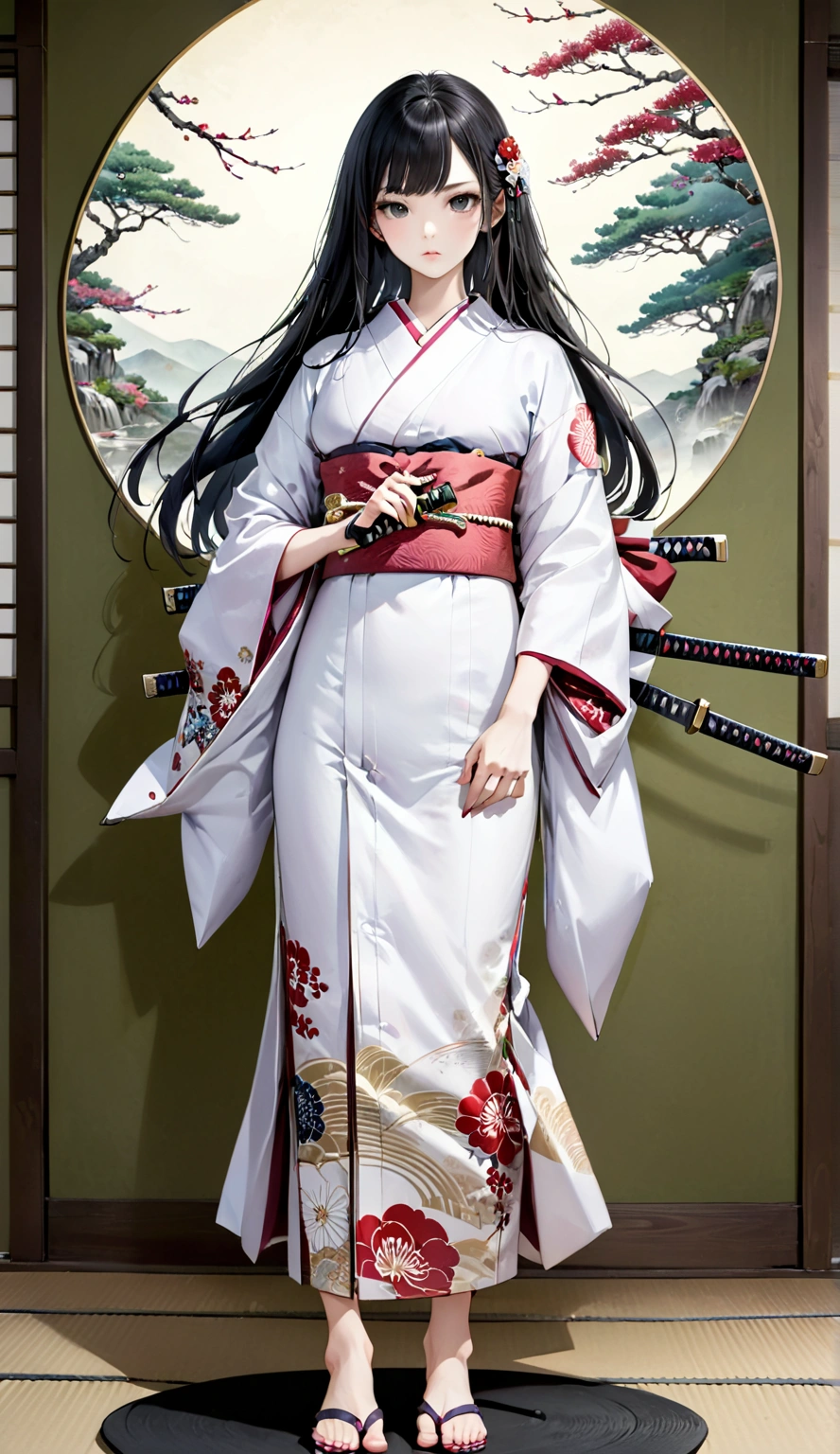 Beauty female samurai, she has long black hair, wearing kimono, armed with a katana, dojo room, detailed body shape, perfect beauty Korean face oval head, holding katana, full body, japanese background artwork, masterpiece, whole body in picture, with katana, detailed finger, cool beautiful face, detailed hand 