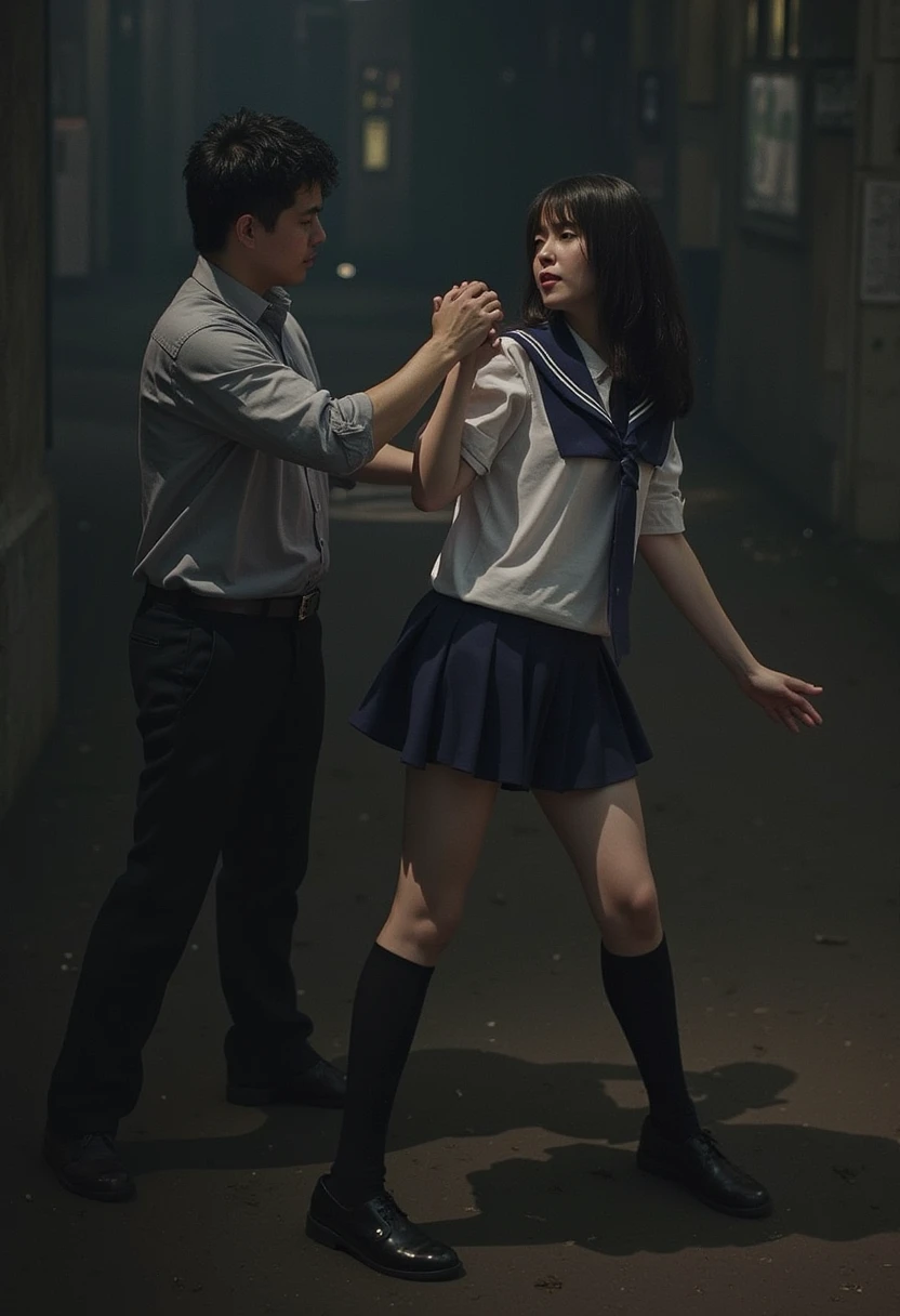 A low angle view hight floor  showing a man attempting to harass a woman, he is lifting her skirt and looking under it tonsee her panties. The woman's expression is firm and determined, and in a powerful and respectful gesture, she slaps him. The woman is wearing schoolgirl outfit. The background could be blurred to focus attention on the action, with dark tones creating a serious atmosphere. The message beneath the image: 'Harassment has no place. Stand up, and together, let's end the violence