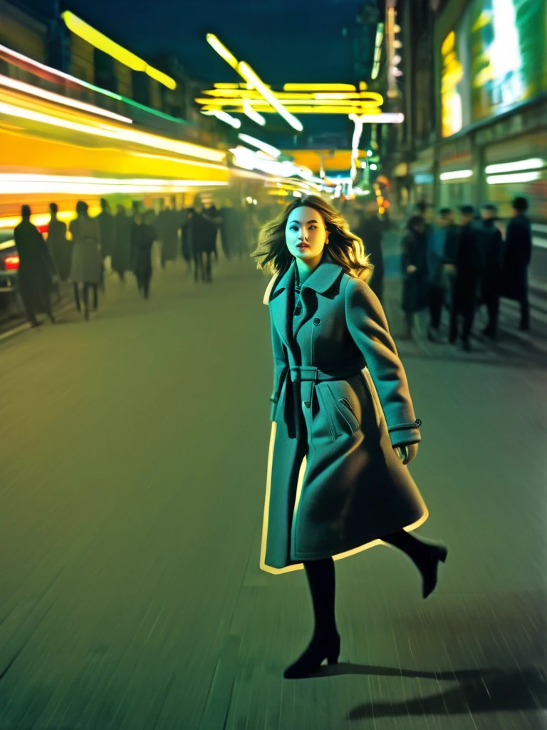 Top quality, collage work, (cutout of full body shot of a girl and collage of long exposure shots with a running car and people passing by), long coat, long pants, boots, Nikon color, vintage, masterpiece