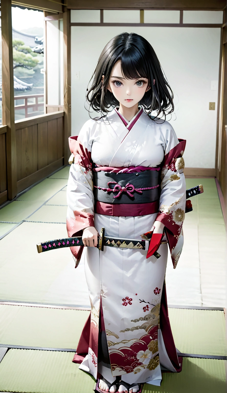 Beauty female samurai, she has long black hair, wearing kimono, armed with a katana, dojo room, detailed body shape, perfect beauty Korean face oval head, holding katana, full body, japanese background artwork, masterpiece, whole body in picture, with katana, detailed finger, cool beautiful face, detailed hand 