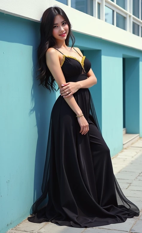 Beautiful black-haired girl with brown eyes and long hair wearing a black Carolina Herrera dress on a fashion catwalk in Paris