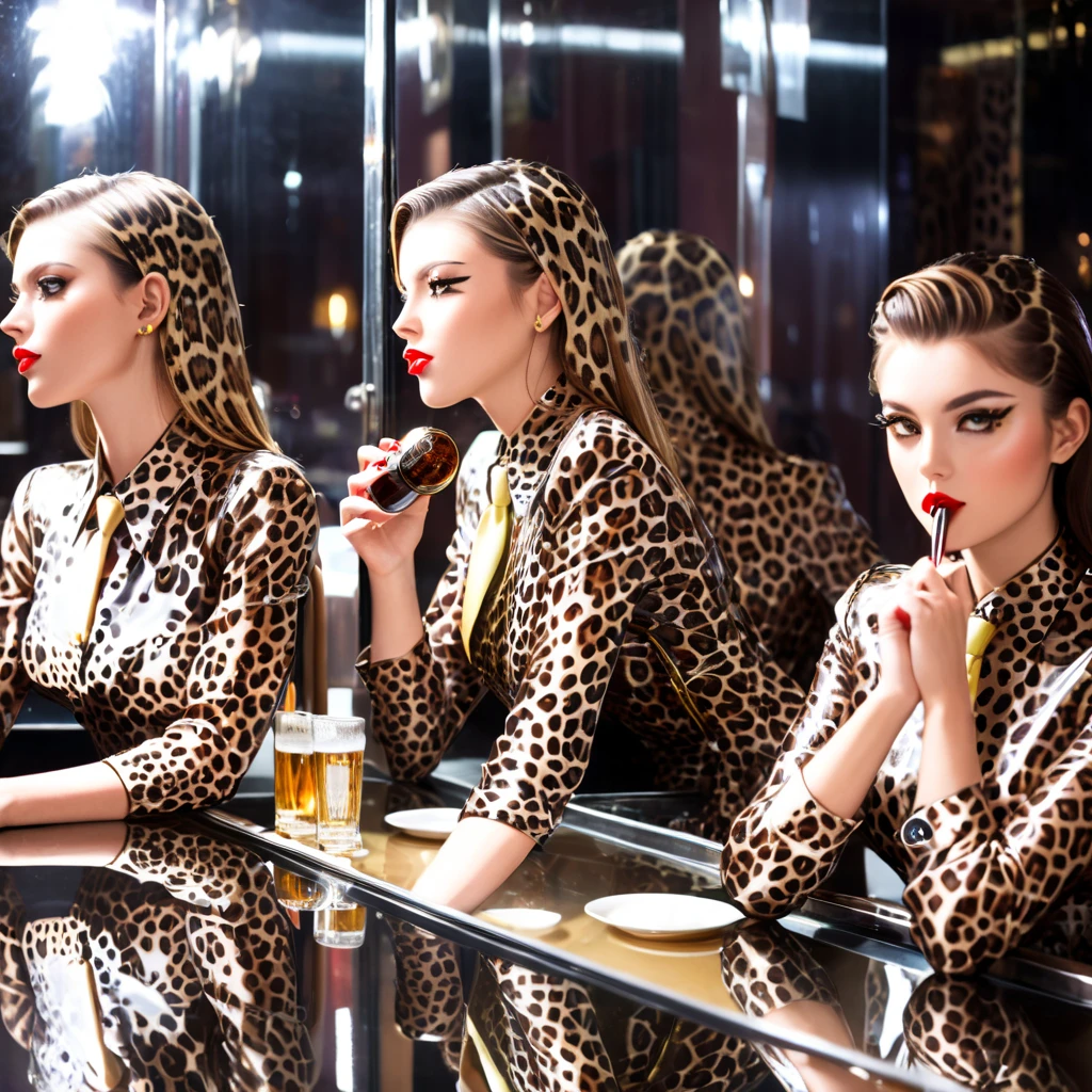 3 girls in extremely tight shiny latex blouse buttoned with leopard pattern, Necktie,Lens reflection, Reflected light, Are in the restaurant eating ,kiss