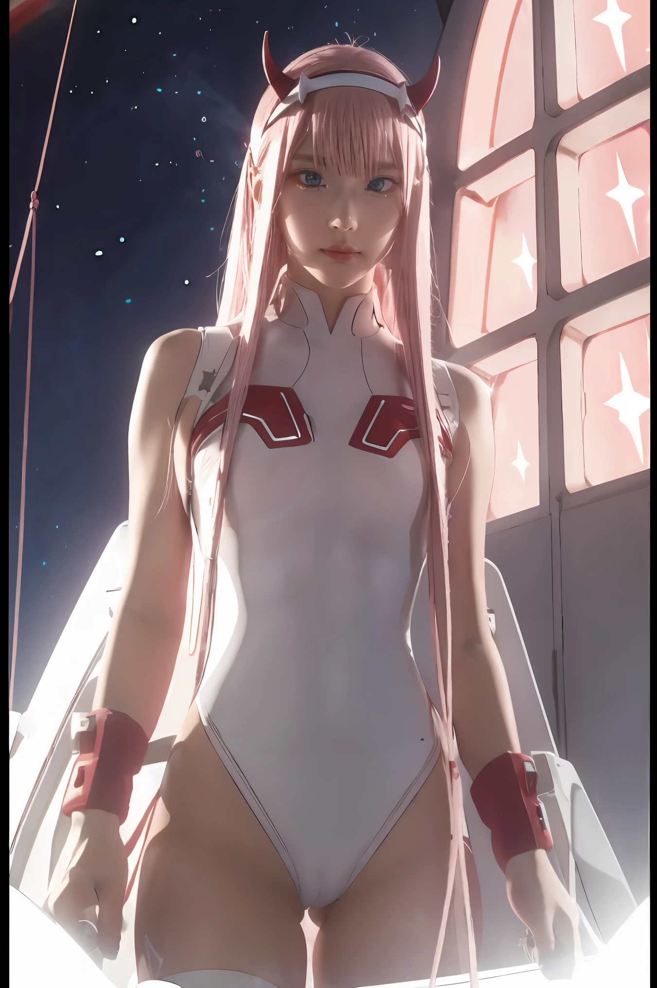 dynamic angle,ultra-detailed, illustration, straight on, 1girl, ((Zero two, interface headband with a pair of horns, red bodysuit:1.4, pink hair)), Her eyes shone like dreamy stars,(glowing eyes:1.233),(beautiful and detailed eyes:1.1),(expressionless, closed mouth),(standing), (mechanic room with tools and spaceship window in a white SPACESHIP), (night:1.2), dreamy, [[delicate fingers and hands:0.55]::0.85],(detail fingers), smirk,