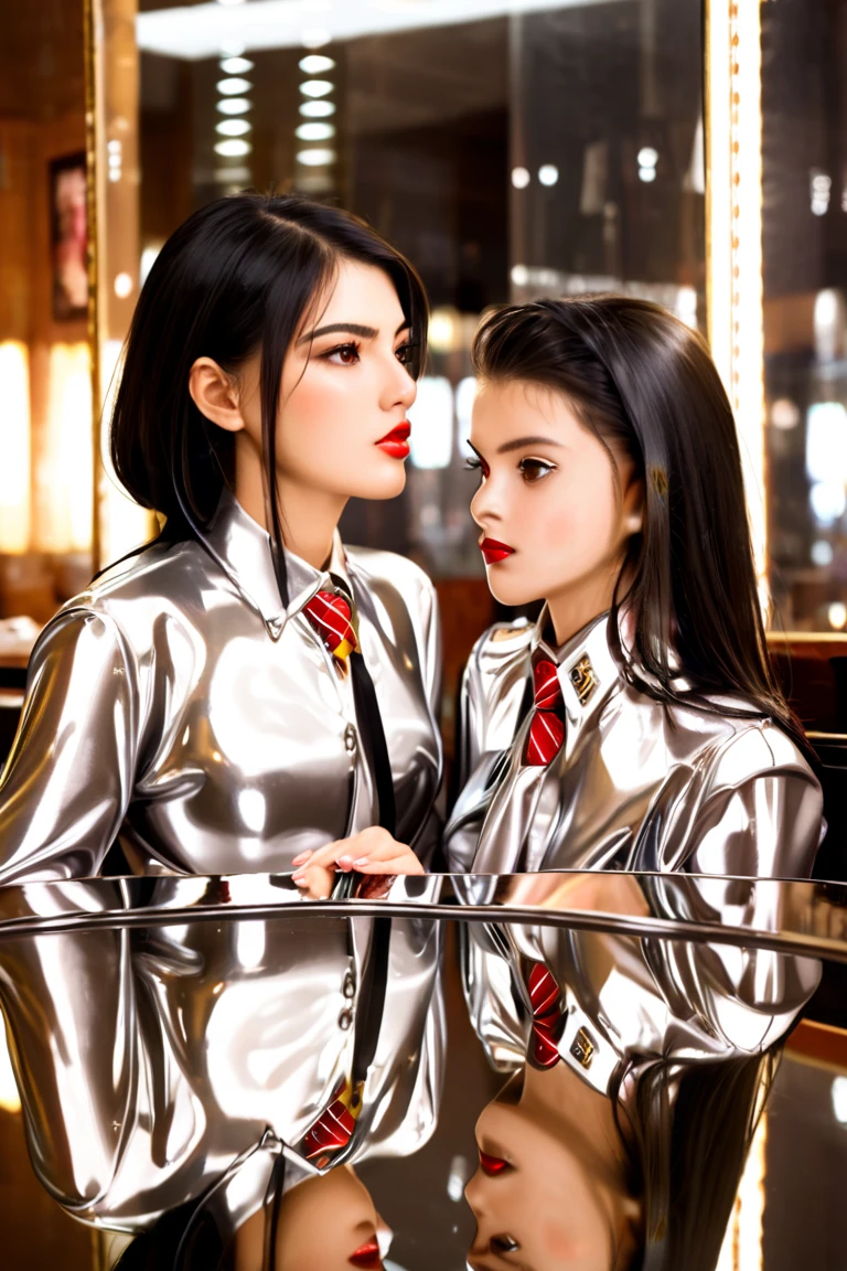  mother and daughter buttoned in extremely tight shiny silver latex blouse, Necktie,Lens reflection, Reflected light, Are in the restaurant eating ,KissMedium hair ,  black hair, 