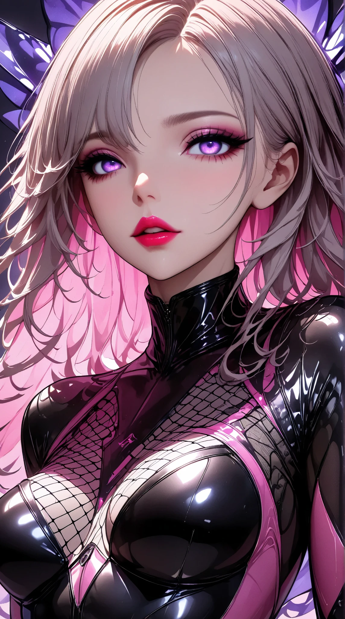  Young Beautiful Woman,( best quality, very detailed depiction, incredible high resolution,High quality anime drawings),(bad end bodysuit in black and pink, latex bodysuit ,Body net suit,),(Eye Contours ,Purple Eyes, mind control :1.3,hypnotism,Glossy lips, glamorous body, slender,stoic,Empty look,Fall,Fallen into evil,Being manipulated), cowboy shot