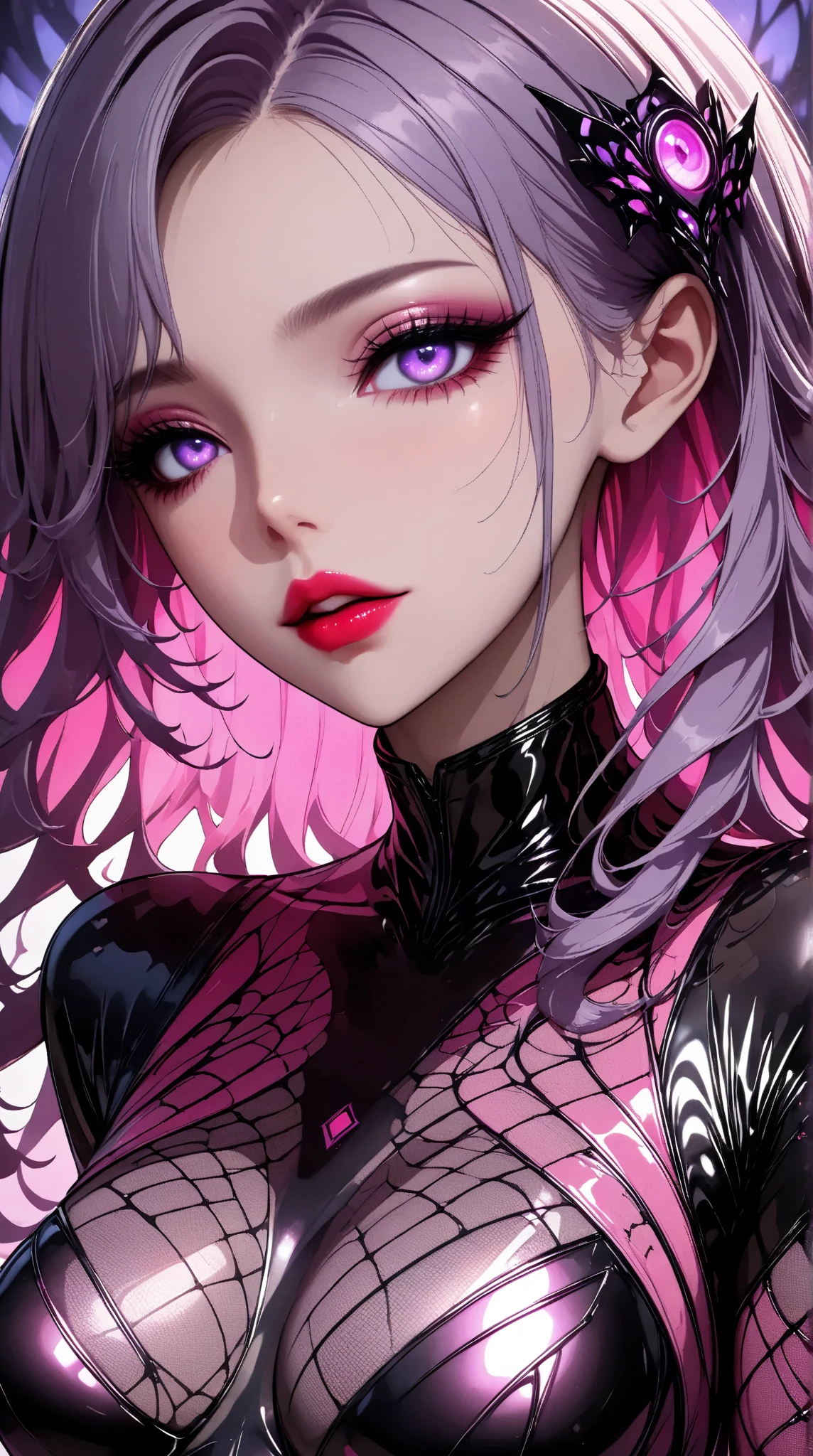  Young Beautiful Woman,( best quality, very detailed depiction, incredible high resolution,High quality anime drawings),(bad end bodysuit in black and pink, latex bodysuit ,Body net suit,),(Eye Contours ,Purple Eyes, mind control :1.3,hypnotism,Glossy lips, glamorous body, slender,stoic,Empty look,Fall,Fallen into evil,Being manipulated), cowboy shot