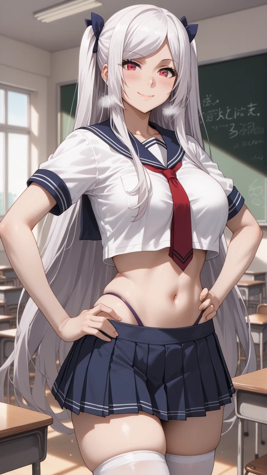 Source anime, Tall girl, Fit girl,score_9, score_8_up, score_7_up, score_6_up, uncensored, alexia midgar, long hair, very long hair, hair ribbon, white hair, red eyes, sidelocks, ribbon, large breast, 1girl, solo, skirt, chalkboard, breasts, school_uniform, thighhighs, navel, crop_top, large_breasts, smile, long_hair, looking_at_viewer, serafuku, blue_skirt, pleated_skirt, white_thighhighs, midriff, bangs, indoors, classroom, sailor_collar, thighs, crop_top_overhang, short_sleeves, skindentation, shirt, miniskirt, cowboy_shot, necktie, closed_mouth, zettai_ryouiki, white_shirt, stomach, sensual pose, from aside, standing, hand on hip, thong, , heavy breath, seductive smile, blush, v pose, very sensual and sexy female 