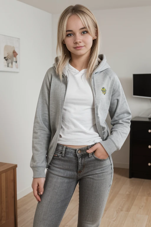 swedish teen,  body , really blond hair, small breasts, small breasts, girl, really young, fair skin, really blond hair, , photorealistic, girl, small breasts, small , running body, cute face, green eyes, , small breasts ,  very small breasts, natural skin color, girl's height 145cm, small butt, no breasts, athletic breasts, straight chest, really short teenager, no nudity, normal photo with clothes, photo taken, in own room, room has white walls and ceiling, gray vinyl floor  , wearing wearing black jeans and a red hoodie