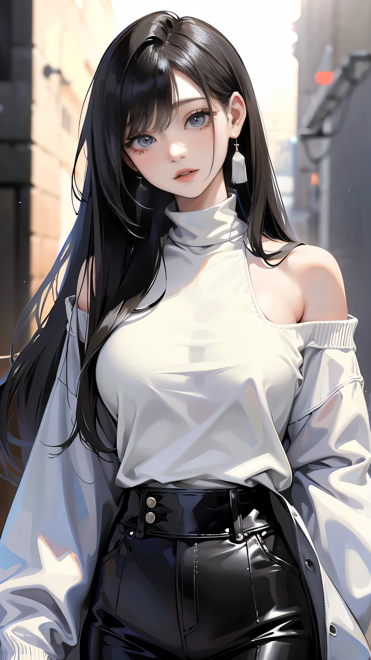 best quality、masterpiece、8k、Realistic、超 high definition 、 very delicate and beautiful 、 high definition 、 Perfect Female Body 、Woman in her 30s、 black hair、 long hair、 Tight Body 、Big Breasts、 Relaxed Outfit、 long sweater 、Full body emphasis、 simple background、