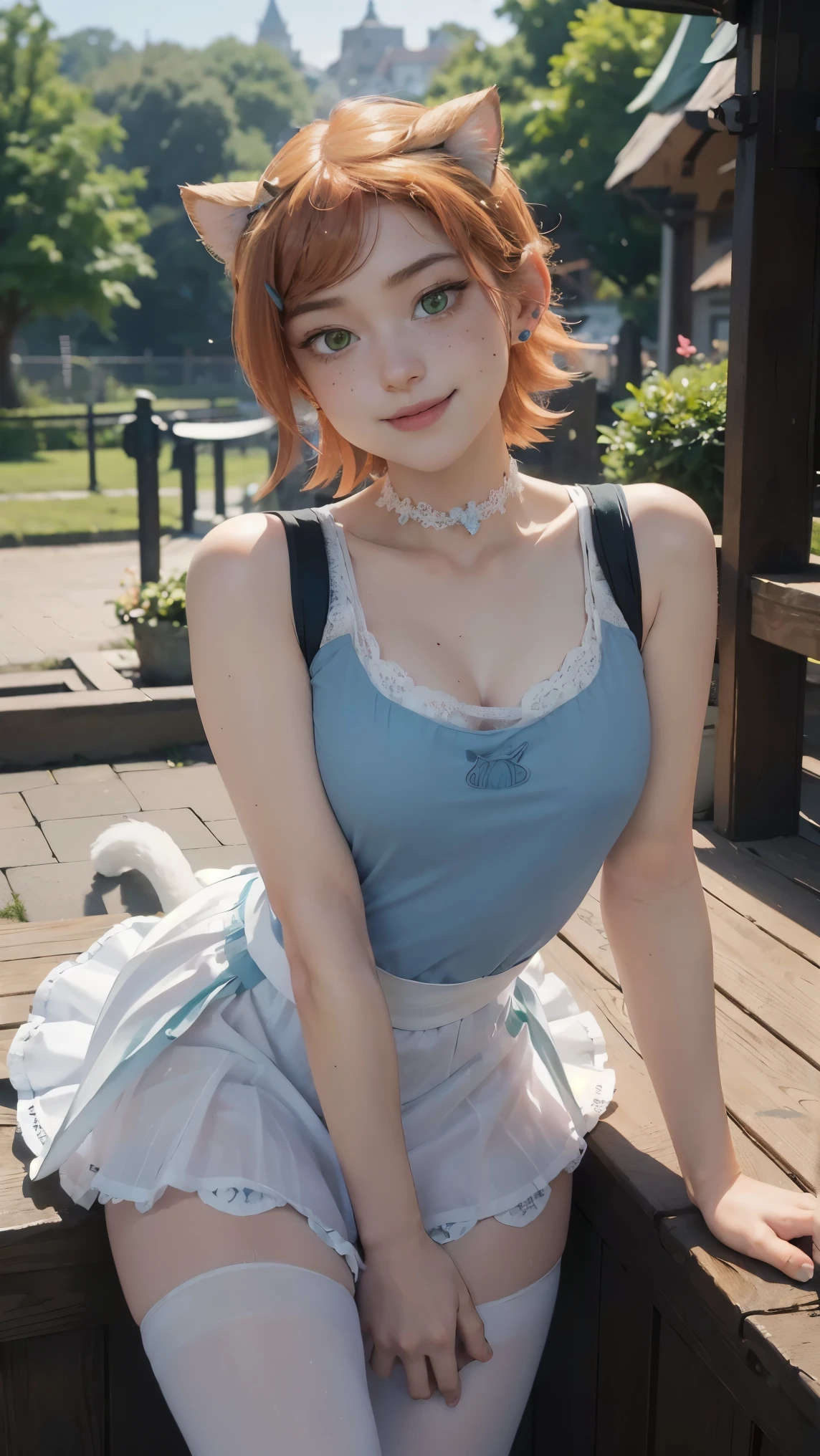 Gwen tennyson,(best quality,4K,8k,high resolution,work of art:1.2)(weather: midday), Mondstadt streets background, maid cafe, teenager, freckles, maid uniform, long beige maid dress, white top, pink apron, cat ears, cat tail, white pantyhose, high heels, earrings, hair pin, eyeliner, short hair, ginger hair, ultra detailed, realistic,portrait,beautiful detailed green eyes, glowing eyes,blush,beautiful detailed lips,extremely detailed eye and face, long eyelashes,sexly,average, large breasts,beaming smile, sexy smile,powerful girl, flirty pose, stunning curves,bright coloured,dramatic lighting, wide hips, thick thighs, tea pot,