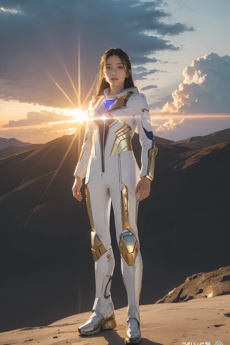 ((masterpiece, best quality, extremely detailed), volumetric lighting, ambient occlusion, colorful, glowing), 1girl, solo, young girl, (dark hair), long hair, halo, aura, sacred, goddess, cleric suit, (white outfit with gold detailst:1.3), armor, outdoors, sunset, sky, clouds, space, (fantasy theme:1.2),ม 1girl, full body, Illustration, cinematic light, high resolution, best quality, ultra-detailed, masterpiece, power suit, powerranger, suit, spd, (Silver and Gold chest plate), white and gold detail, (((white suit))), ((police theme:1.2))