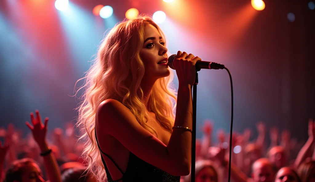 Full stage shot of a seductive young blonde idol singer captivating the crowd with her dynamic performance, concert photography, reminiscent of pop music icons like Madonna and Britney Spears, vibrant stage lighting with pulsating neon colors, energetic and high-octane atmosphere, shot using a Nikon D850 DSLR camera, with a Nikkor 24-70mm f/2.8 lens, hyper-realism, highly detailed, and high-resolution 16k --ar 16:9 --q 2